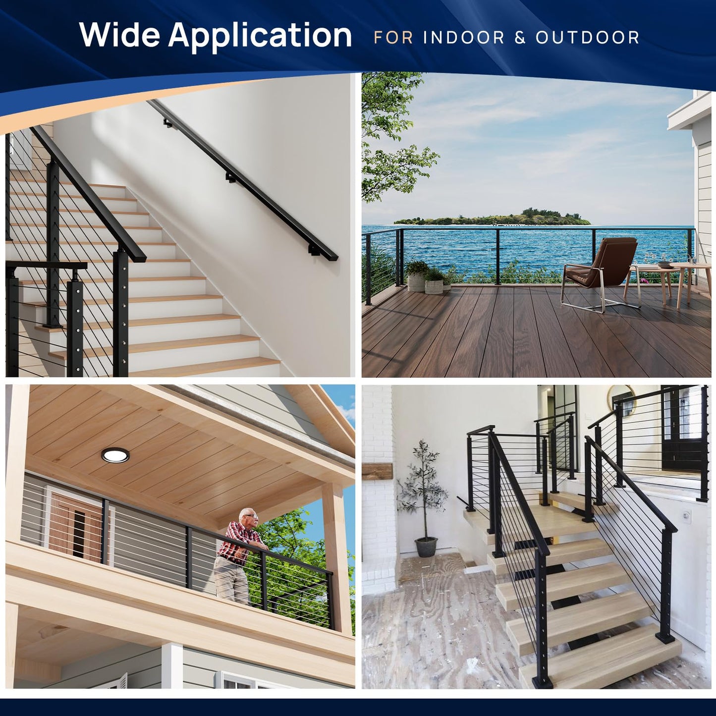 2 Pack 9FTx 2-3/8"x1-3/16 Aluminum Black Handrail with Self Drilling Screws Nylon End Caps, AAMA 2604 Coating, 3mm Thick Flat Handrail Cuttable Top Rail for Deck Stair Railing Indoor Outdoor