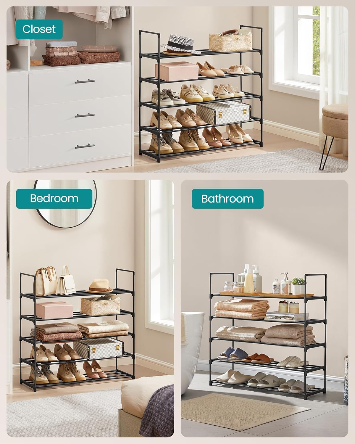 SONGMICS 5-Tier Shoe Rack - Stackable Metal Organizer for 20-25 Pairs | Black, 11.8 x 36.2 x 35.4 Inches