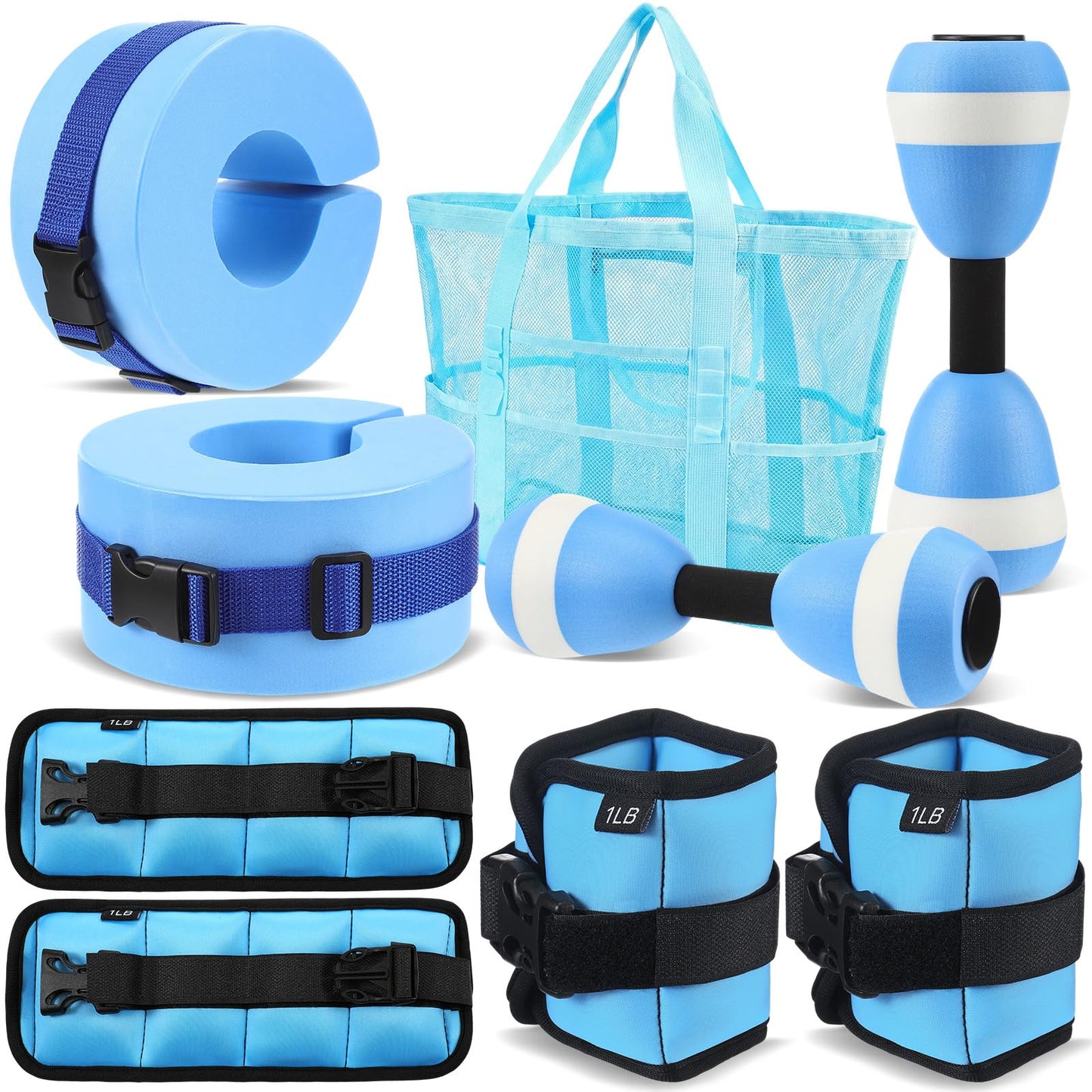 Teyva Daily 7 Pcs Aquatic Exercise Set Water Aerobics Set Including 2 Ankle/Wrist Weights for Land or Water 2 Exercise Foam Dumbbells Cuffs Large Mesh Beach Bag for Pool Weight Loss(Blue)
