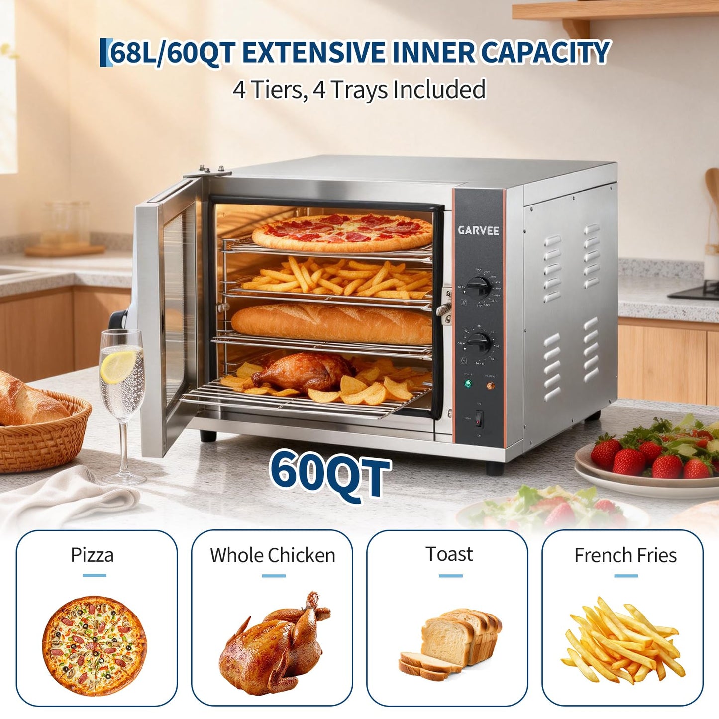 Commercial Convection Oven 2.3 Cu.ft, 2400W High Power 4-Tier Countertop Oven, 68L/60Qt, Stainless Steel Baking Electric Oven with 4 Trays & Timer & Clip Gloves, 120V, for Restaurant Shop