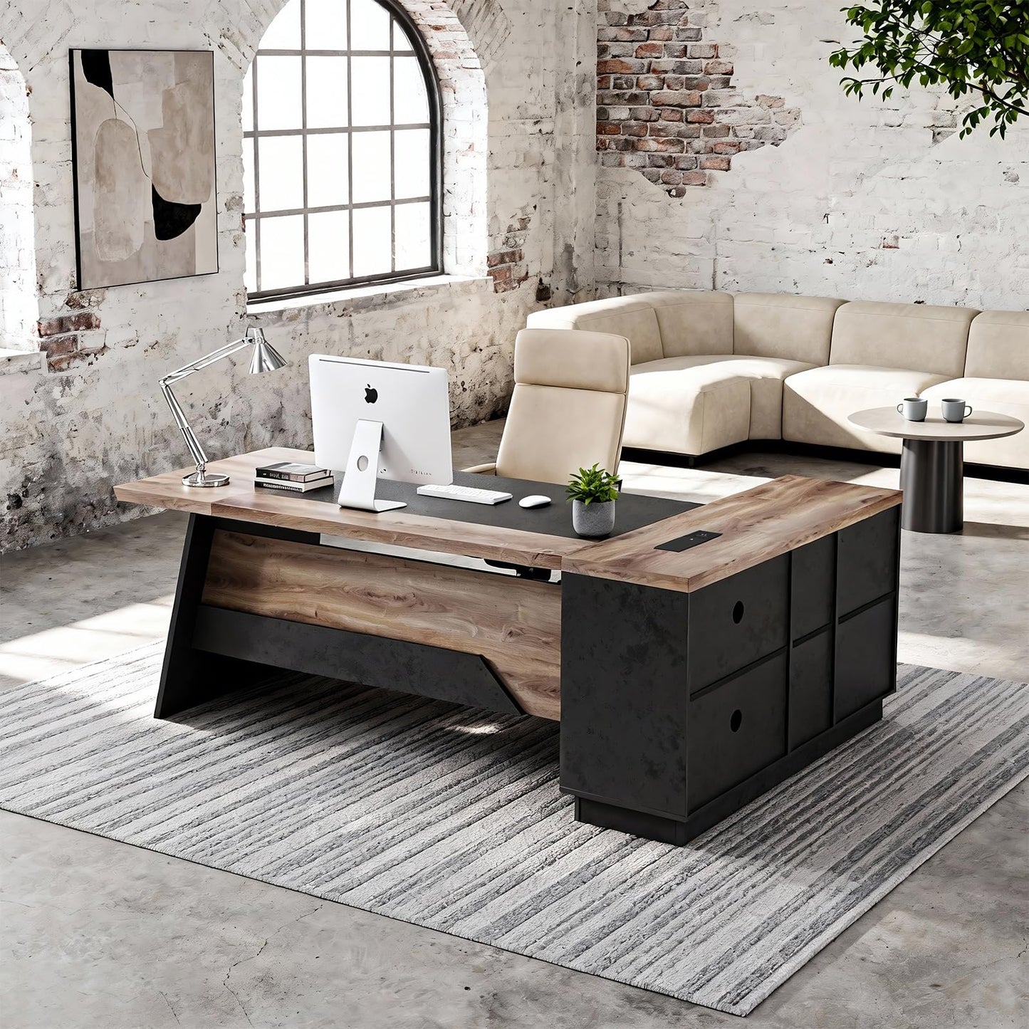 ONNAHOMEStlyle 78.74 Inch L Shaped Office Desk with Drawers & Built-in Power Access, Large Executive Workstation with Storage Cabinet, Modern Wooden Desk for Business or Home Office (Mahogany, Left)