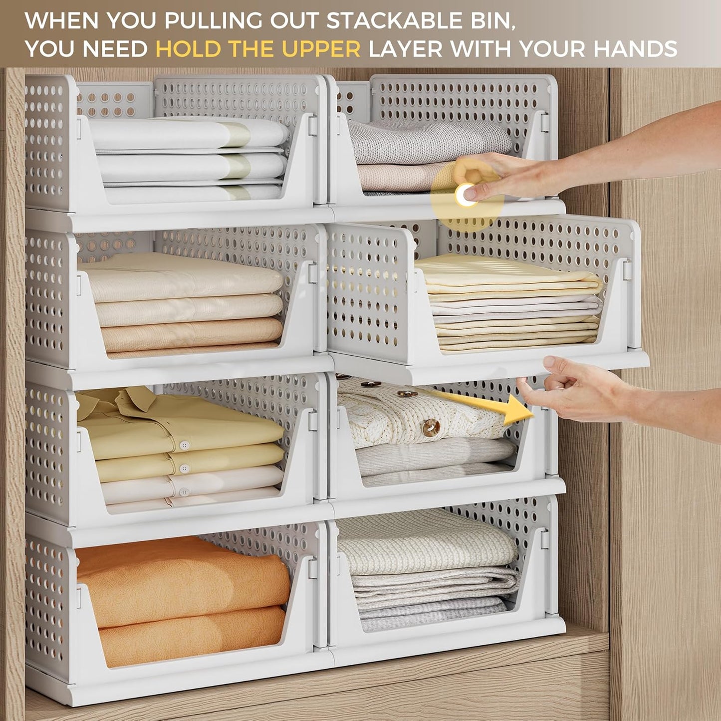 Pinkpum 8-Pack Closet Organizers - Stackable Plastic Storage Bins for Wardrobe & Kitchen | White