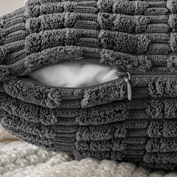 MIULEE Pack of 2 Corduroy Decorative Throw Pillow Covers 16x16 Inch Soft Boho Striped Pillow Covers Modern Farmhouse Home Decor for Sofa Living Room Couch Bed Dark Grey