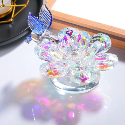 Movdyka Crystal Figurine - Blue Hummingbird Lotus Flower Decor | Elegant Glass Ornament for Home