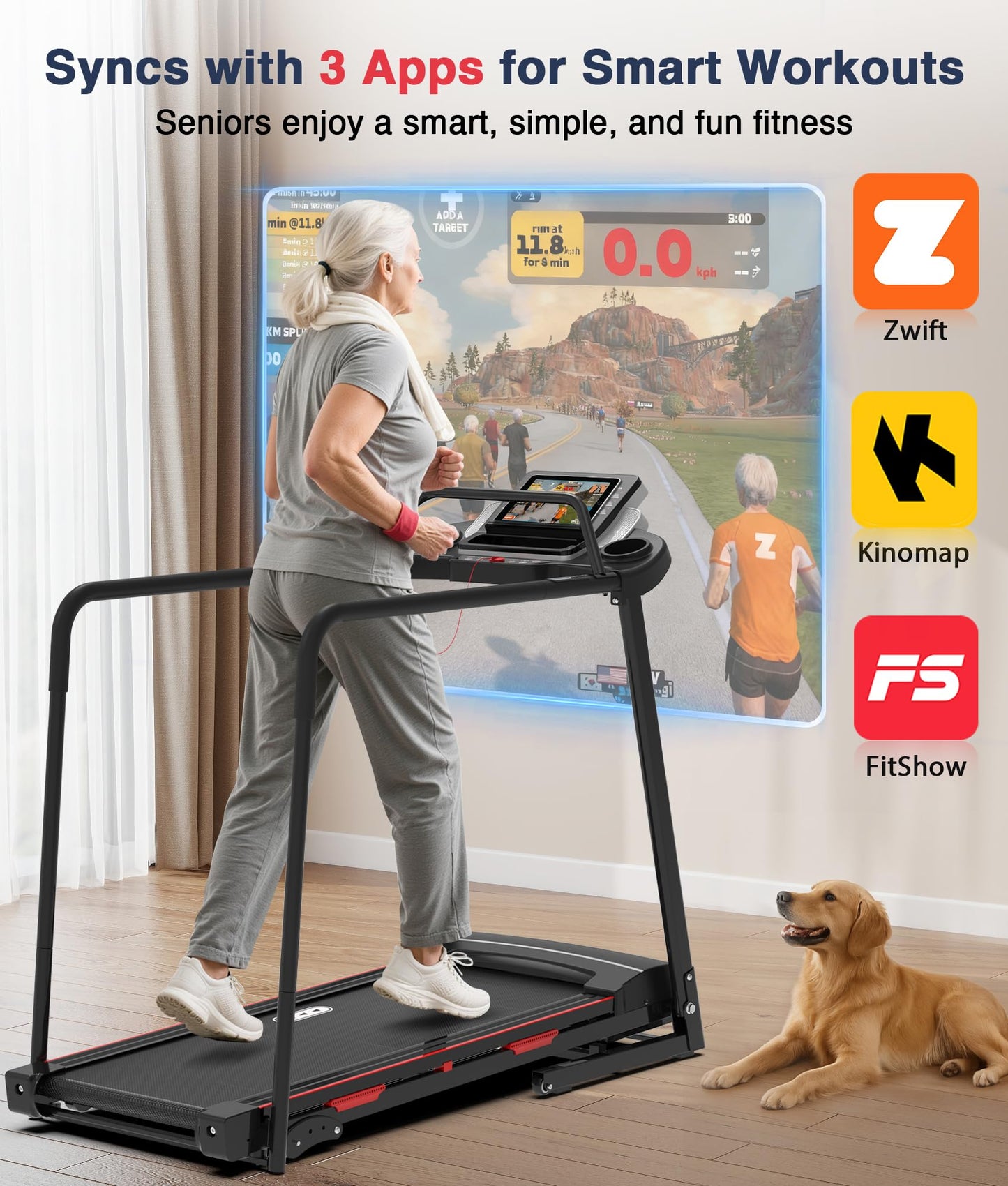 Redliro Walking Treadmill for Seniors Foldable - 400 Lb Capacity Senior Treadmill with Front & Long Handrails, 0%-2% Incline Home Recovery Fitness Exercise Machine for Elder, 47.6" Long Belt, APP