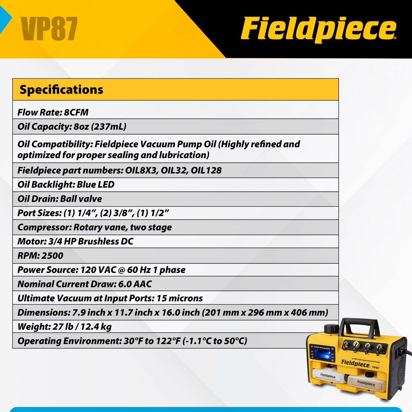 Fieldpiece VP87 Vacuum Pump – 8 CFM, ¾ HP DC Motor, RunQuick Oil Change System – Portable - Professional HVAC Tool - A2L Compatible
