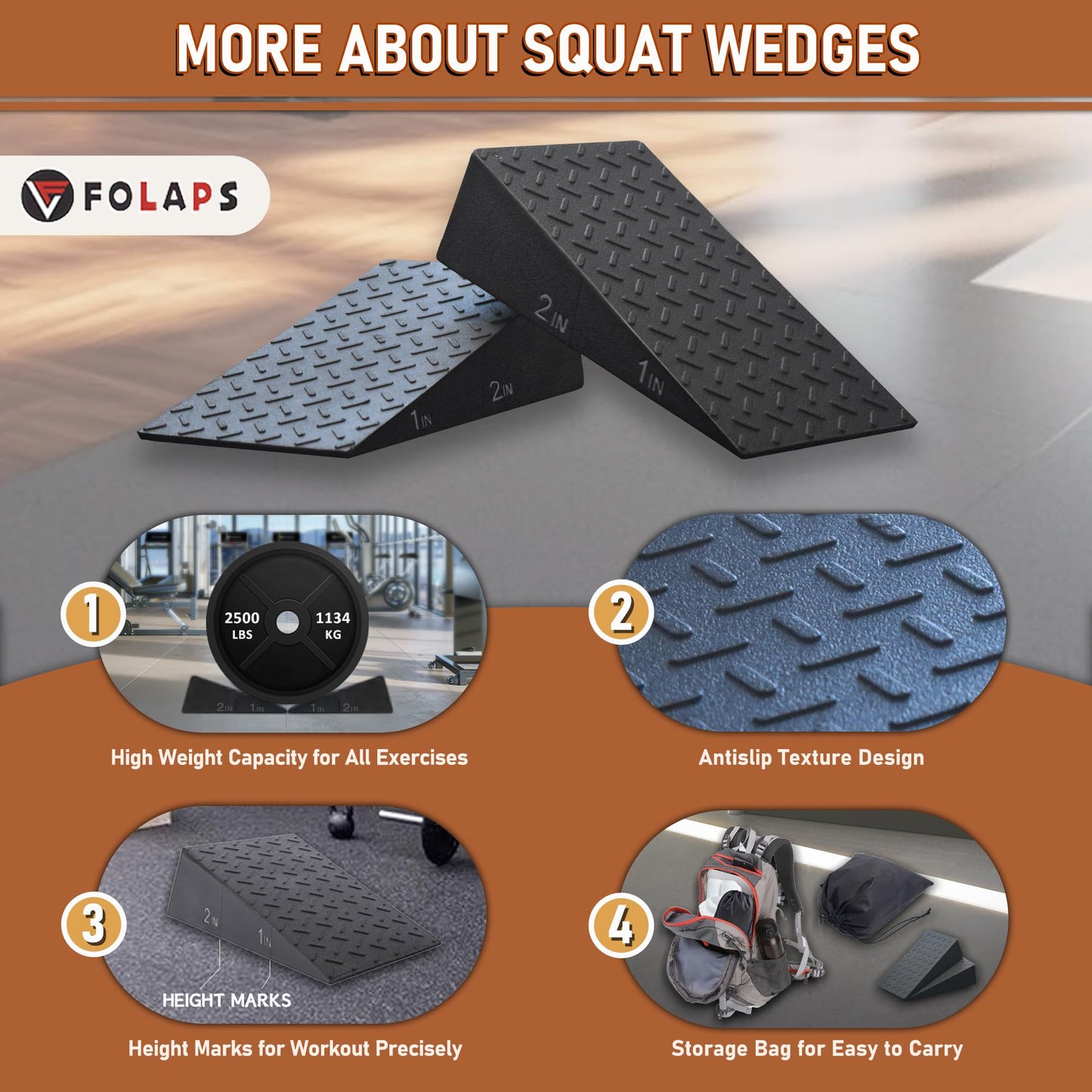 Folaps Squat Wedge Block with Guide for Heel Elevated Squat Weightlifting Slant Board for Squats with Carry Bag to Improve Mobility Balance and Strength