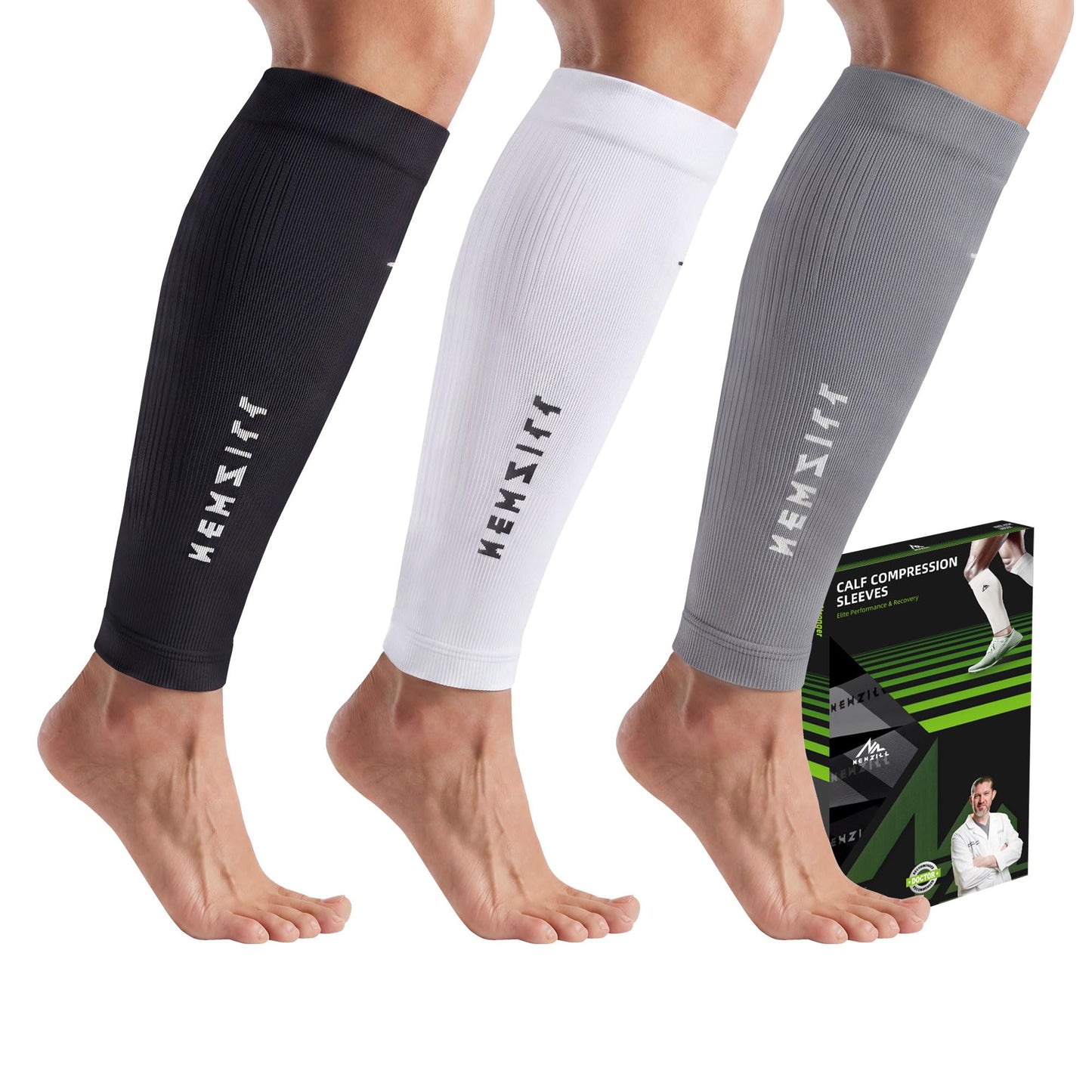 NEWZILL Calf Compression Sleeve for Men & Women | Footless Compression Socks for Shin Splint Relief, Varicose Veins | Leg Sleeve for Running, Travel, Nursing, Fitness (Black/White/Grey 3Pairs S/M)