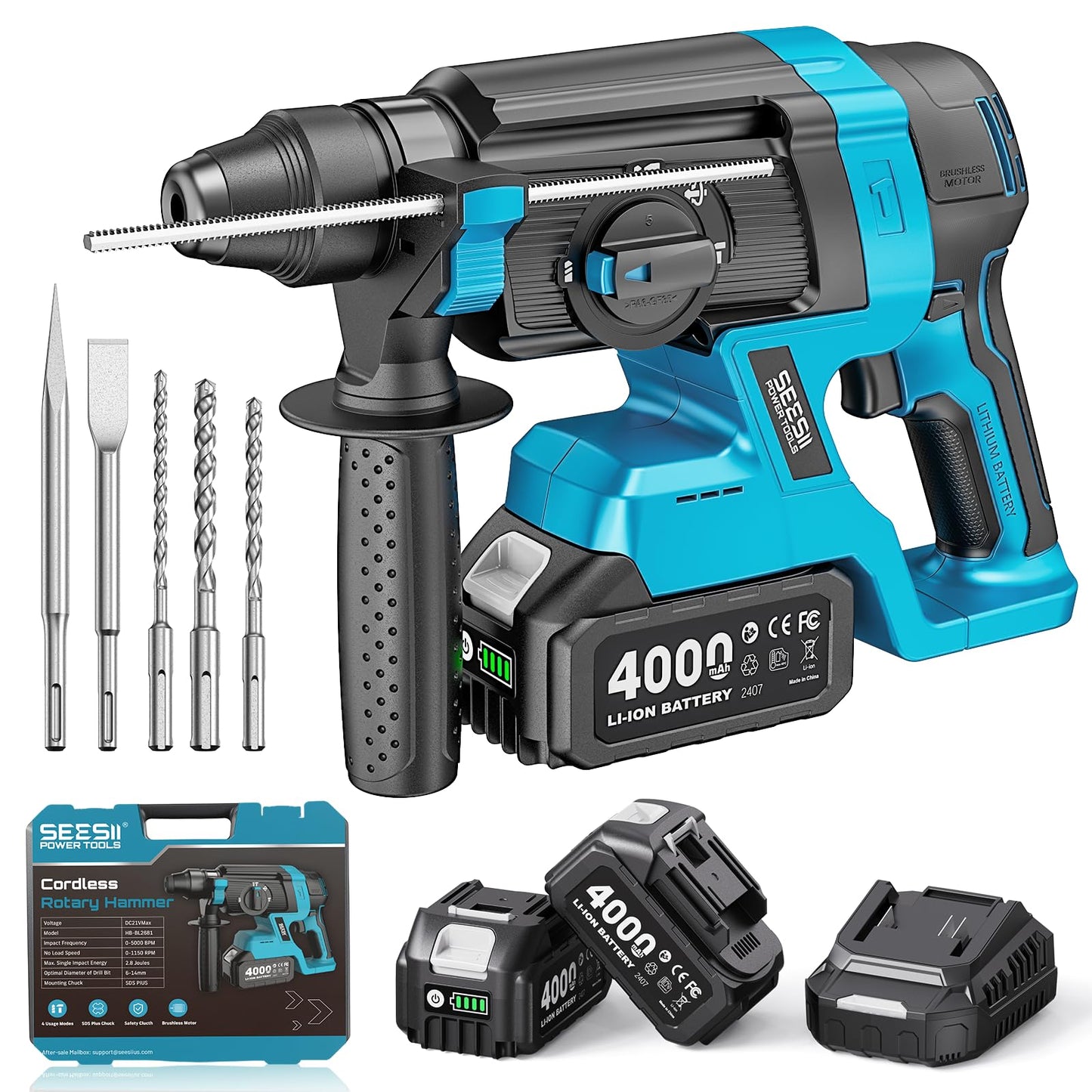 Seesii 1-Inch Cordless SDS-Plus Rotary Hammer Drill, 2.8J Impact Energy Brushless Motor, 4-Mode with Safety Clutch, 2 x 4.0Ah Batteries & Chisel/Bit Set for Concrete Drilling & Home Renovation