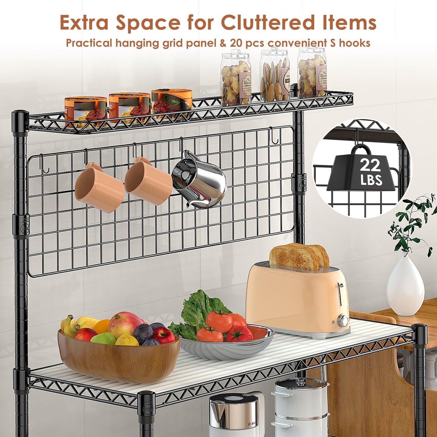 Leteuke Bakers Rack with Storage & Wheels, 42 Inch Microwave Stand Kitchen Shelves, 4-Tier Heavy Duty Storage Rack with 20 S-Hooks, Commercial Metal Utility Kitchen Cart, 42× 18× 63 Inch, Black