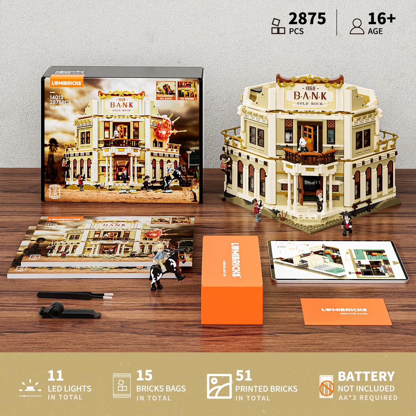 Lumibricks Western Bank Heist Lighting Building-Bricks Set - Wild West Outlaw Gold Heist 2875 Pcs Collection Display Set for West Lovers