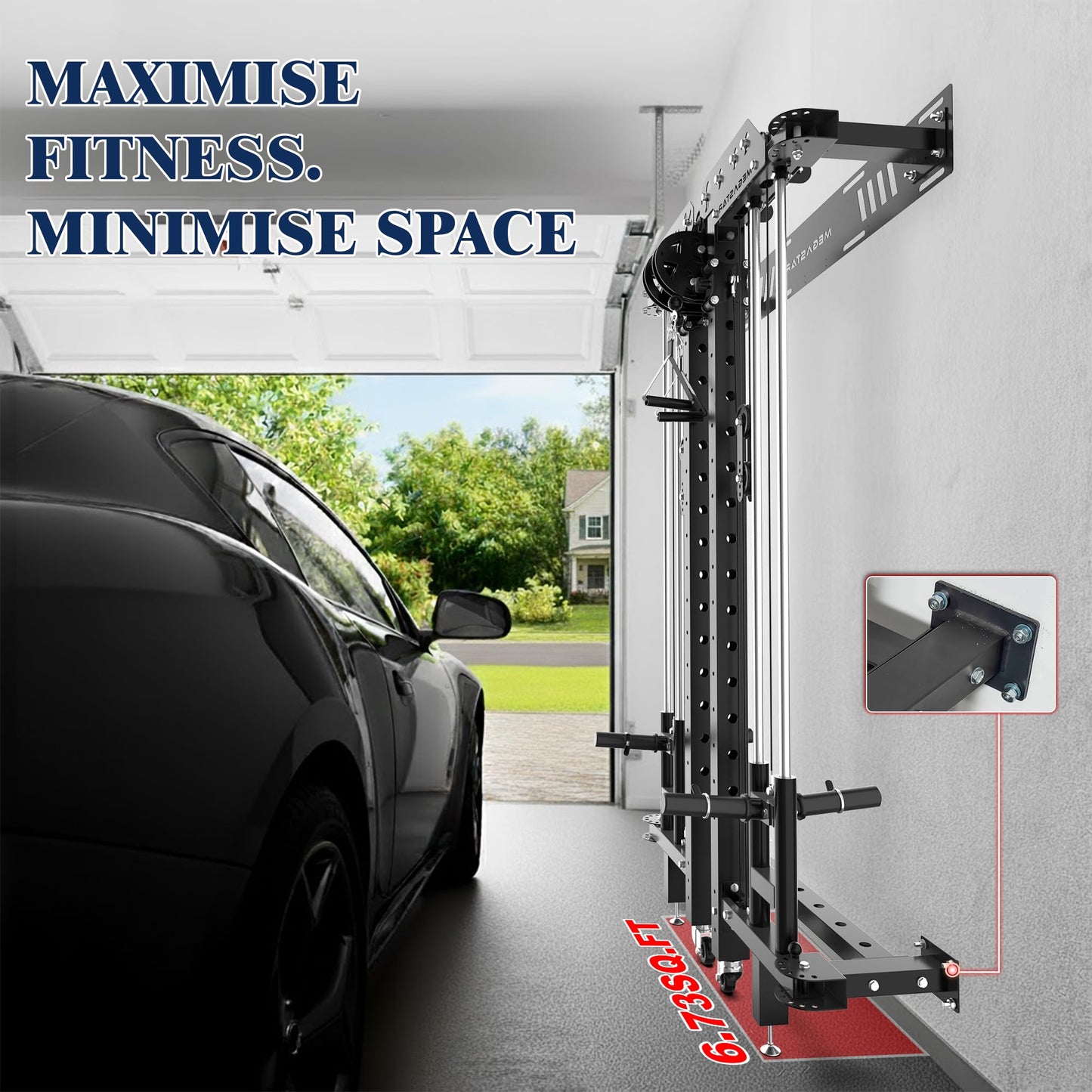 MEGASTAR FITNESS Power Cage, Folding Power Rack, 2000LBS Wall Mounted Squat Rack with Cable Pulley System, Landmine Attachment and Multi-Grip for Home Gym Small Space