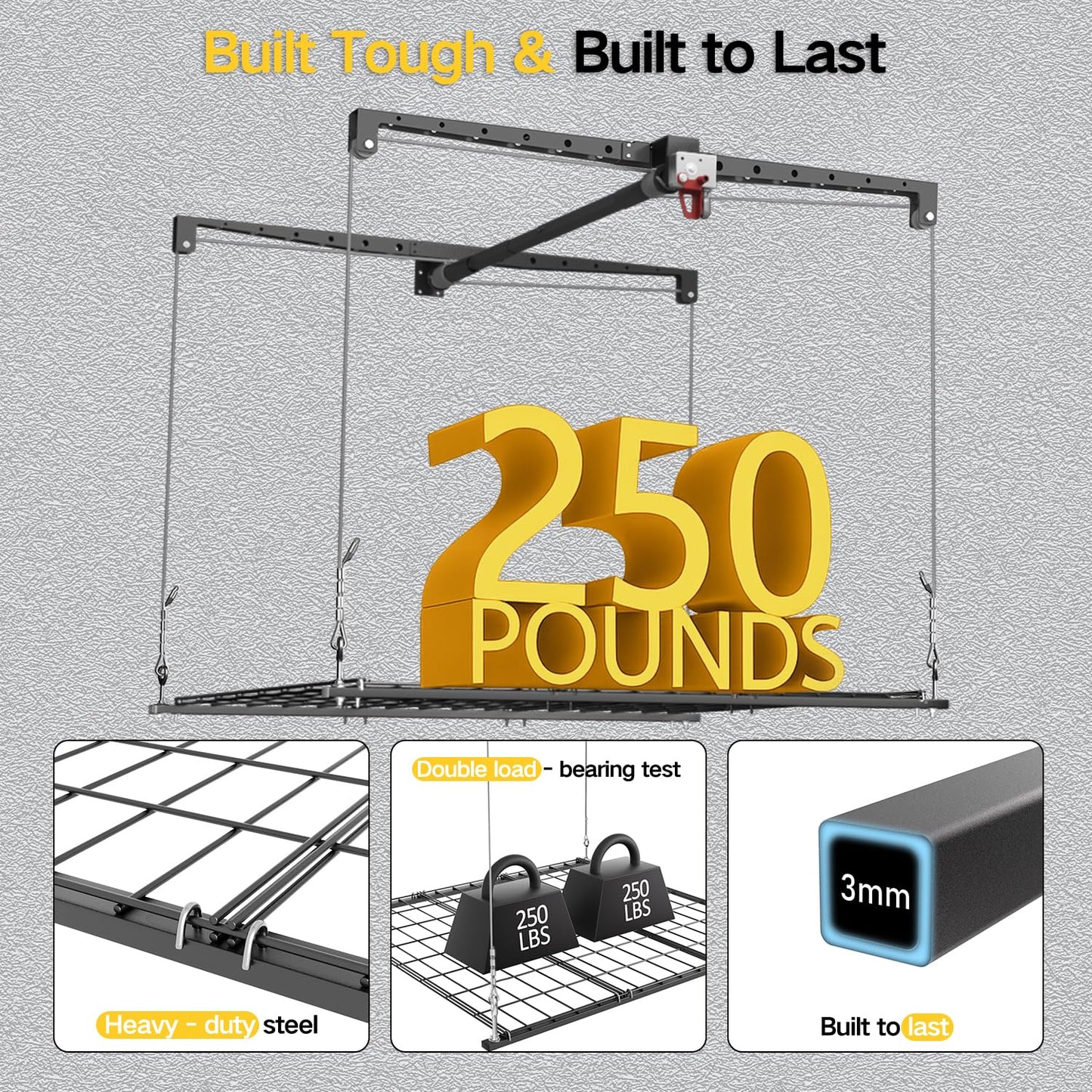 Overhead Garage Storage Rack for 10-12ft Ceiling, Heavy-duty 4x4 FT Garage Ceiling Storage Racks with Safety Lock, Ideal for Storage Mounted Lift System and Storage Organizer, 250lbs Capacity