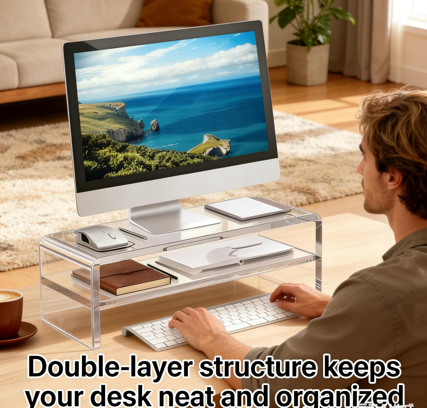 2 16/20 Inch, (16in) Acrylic Monitor Stand, Tier Riser with Storage Shelf, Clear, Home Office Desk Organizer