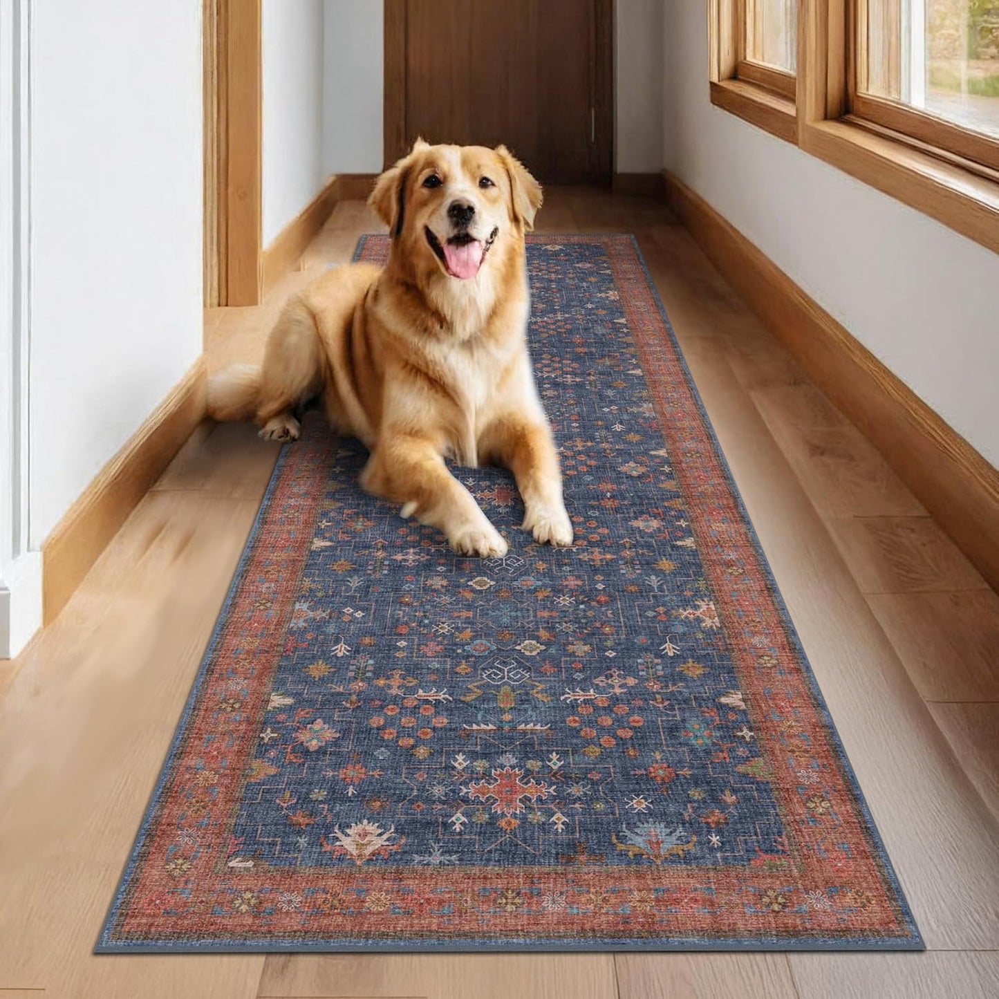 Skiennix Washable 10 Ft Long Hallway Runner Rug - Navy Blue, Pet-Friendly & Waterproof with Non-Slip Rubber Backing