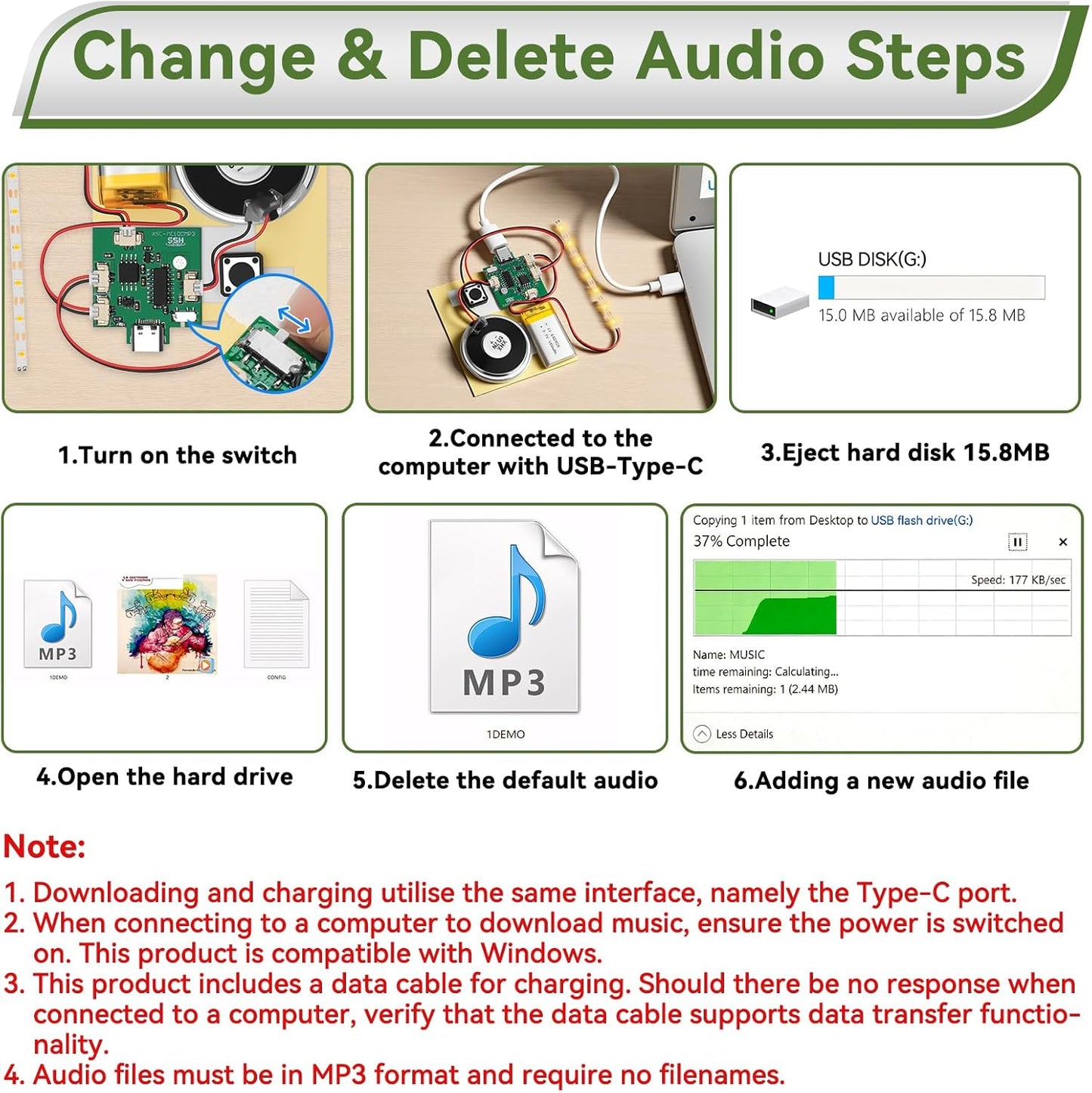 Ransanx 2PCS Cable,Capability16 Customize Recording Module with LED Strip DIY Music Voice Recording Module Chip