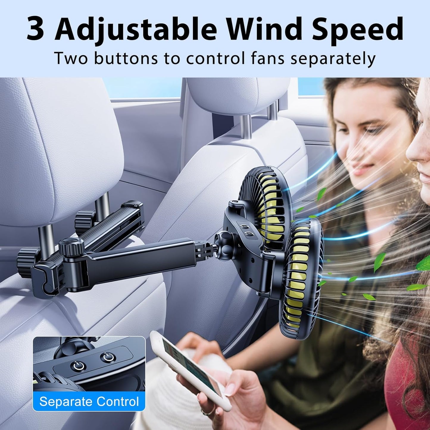 Cable*1] Battery Fan for Car Backseat Kids with Retractable Long Arm, Rechargeable Car Seat Fan That Blow Cold Air