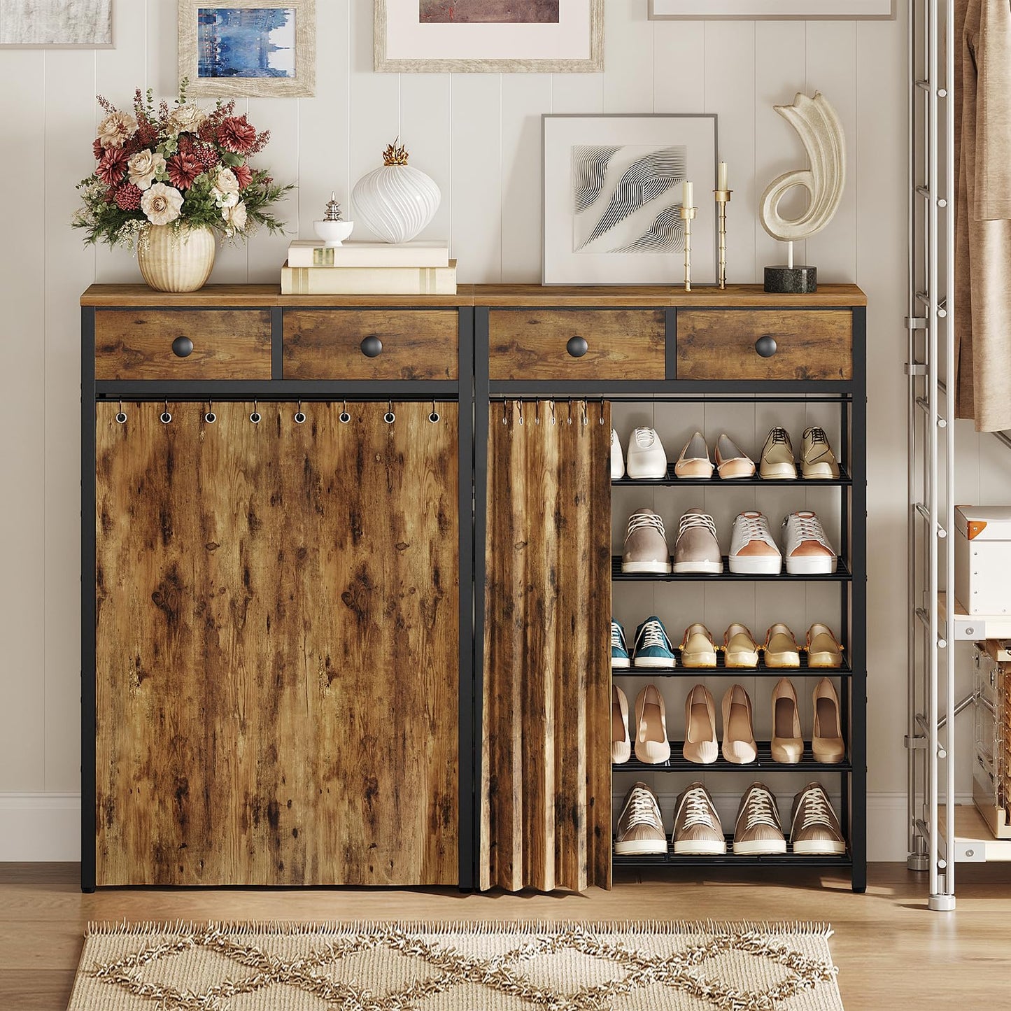YATINEY 10-Tier and 6-Tier Shoe Rack with 2 Non-Woven Drawers, Entryway Shoe Storage with Dust Cover, Metal Shoe Organizer, Space Saving Shoe Cabinet, for Entryway, Closet, Hallway SS210BR-SS33BR
