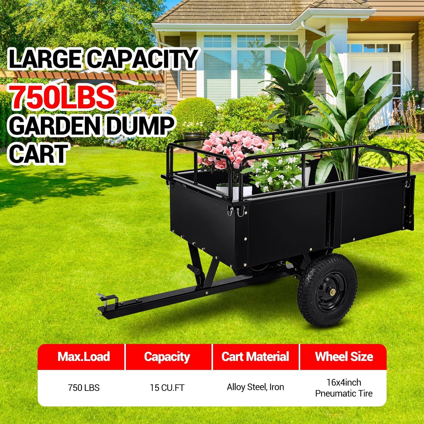 Garvee 750 LBS Garden Cart, 15 cu ft Heavy Duty Steel Dump Cart ATV Trailer with Removable Sides, Hand Pull or Foot Pedal Utility Trailer for ATV, UTV, Lawn Mowers and Tractors