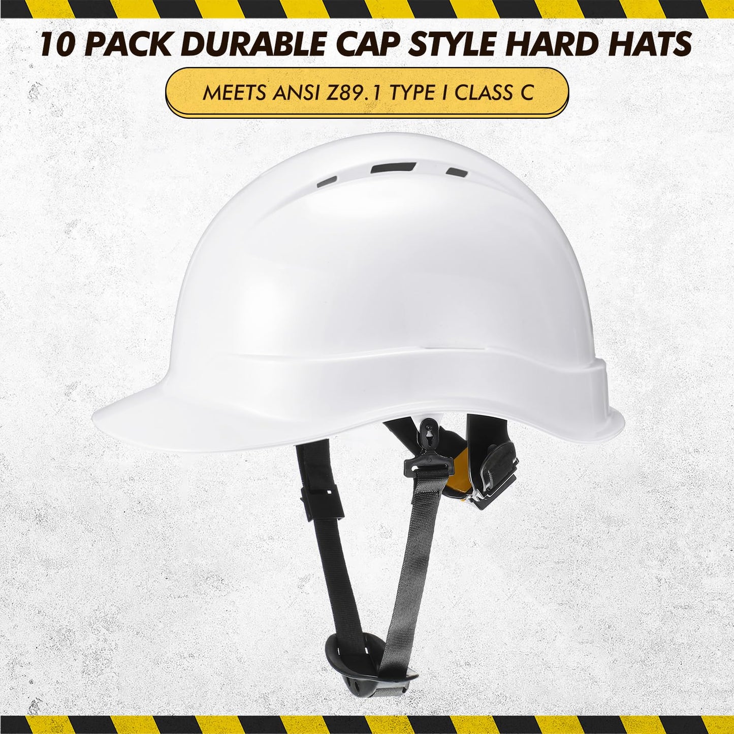 10 Pcs 6 Pt. Suspension Hard Hat Bulk Meets ANSI Z89.1 Type I Class C, Cap Style Hard Hat Ratchet Vented White Construction Helmet for Safety Man Woman