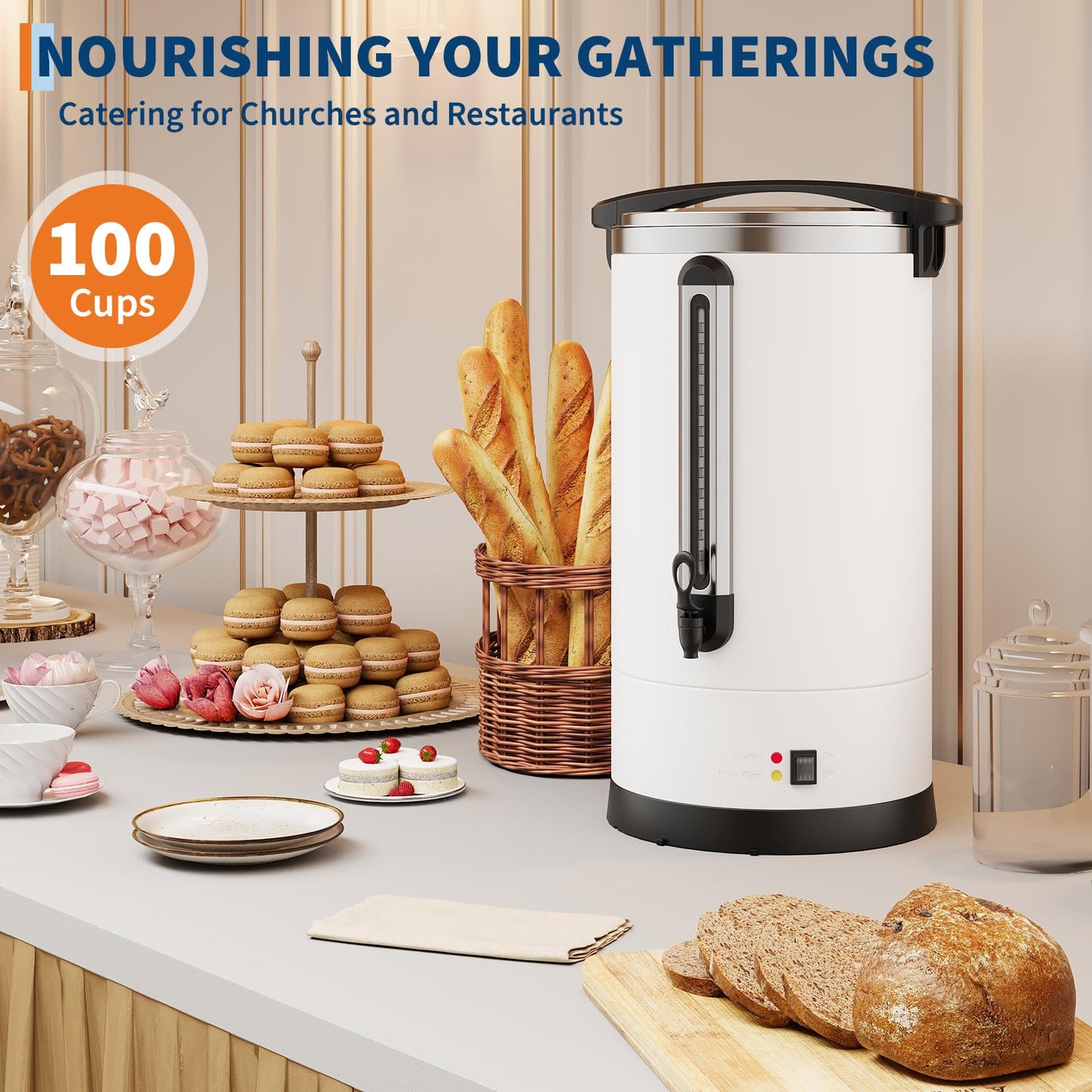 Garvee 14 L/100 Cups Coffee Urn-3.8 gal Double Wall Commerical Coffee Maker for Buffet Catering Wedding Gathering,Large Capacity Hot Coffee Dispenser,Stainless Steel Hot Water Urn-White