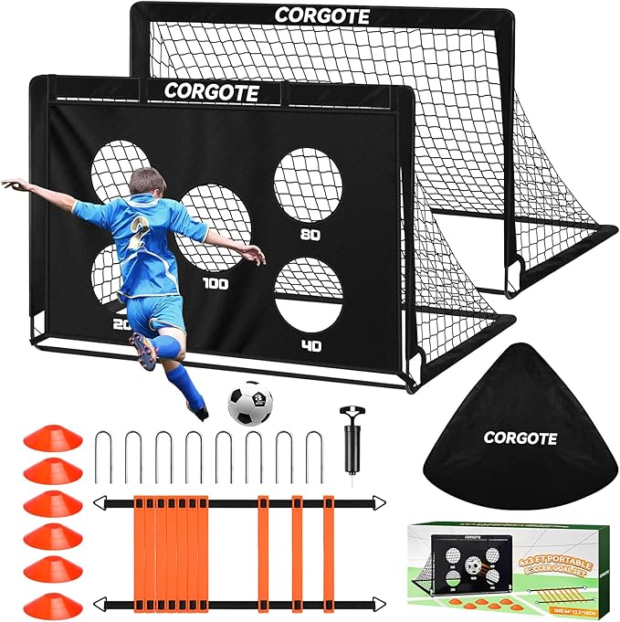 Kids Soccer Goal for Backyard Set, 2 Pack of 4x3 Toddler Soccer Net Practice Equipment with Ball, Training Equipment with Target Ball & Cones, Soccers Gifts for Boys 3-12, Outdoor Sports Toys
