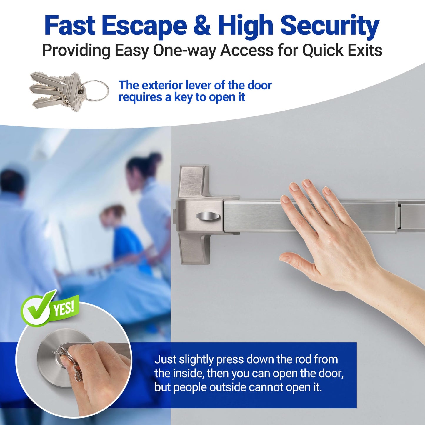 Push Bar Panic Exit Device for Emergency Exit Doors with Door Handle- 304 Stainless Steel Panic Bars for Exit Doors, 38" Commercial Push Bar Panic Exit Device for 39”-53” Wood/Metal Door (Silver)