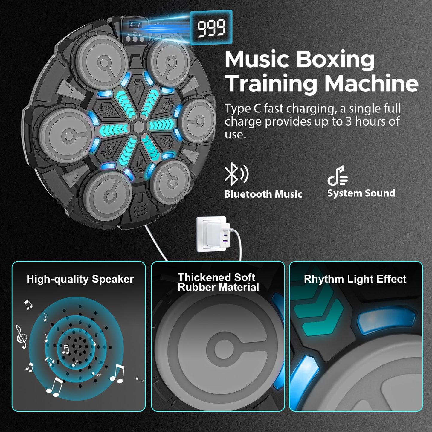 Music Punching Machine for Kids Adults,Bluetooth Wall Mounted Boxing Trainer with Gloves,Rhythm Lights,2 Player Battle Mode,Reaction Training Pad,Home Gym Sport Toys Gifts for Boys Girls Teens 3-12+