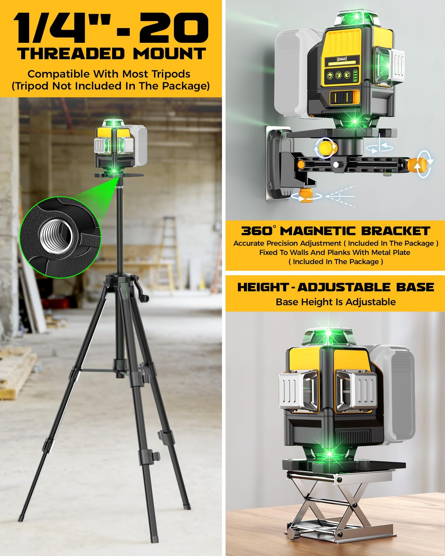 DIYtoolifz Laser Level Compatible with DeWalt 20V Battery, 4D 4x360° Self Leveling, 4 Way Green 16-Line Lazer Leveler Tool for Construction Project, Floor Tile, Home Renovation, Indoor Use, Tool Only