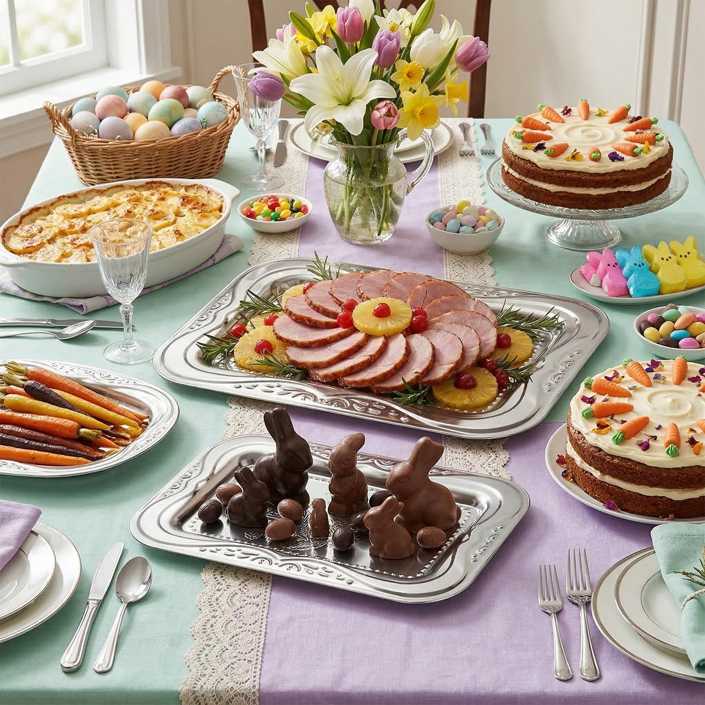 4-Pack Silver Serving Trays Set - ZENOVLUX Lightweight Bow Floral Engraved Mirror Decorative Tray, 13.8" x 8.7" Party Platters for Easter, Food, Appetizer, Charcuterie, Cookies, Desserts