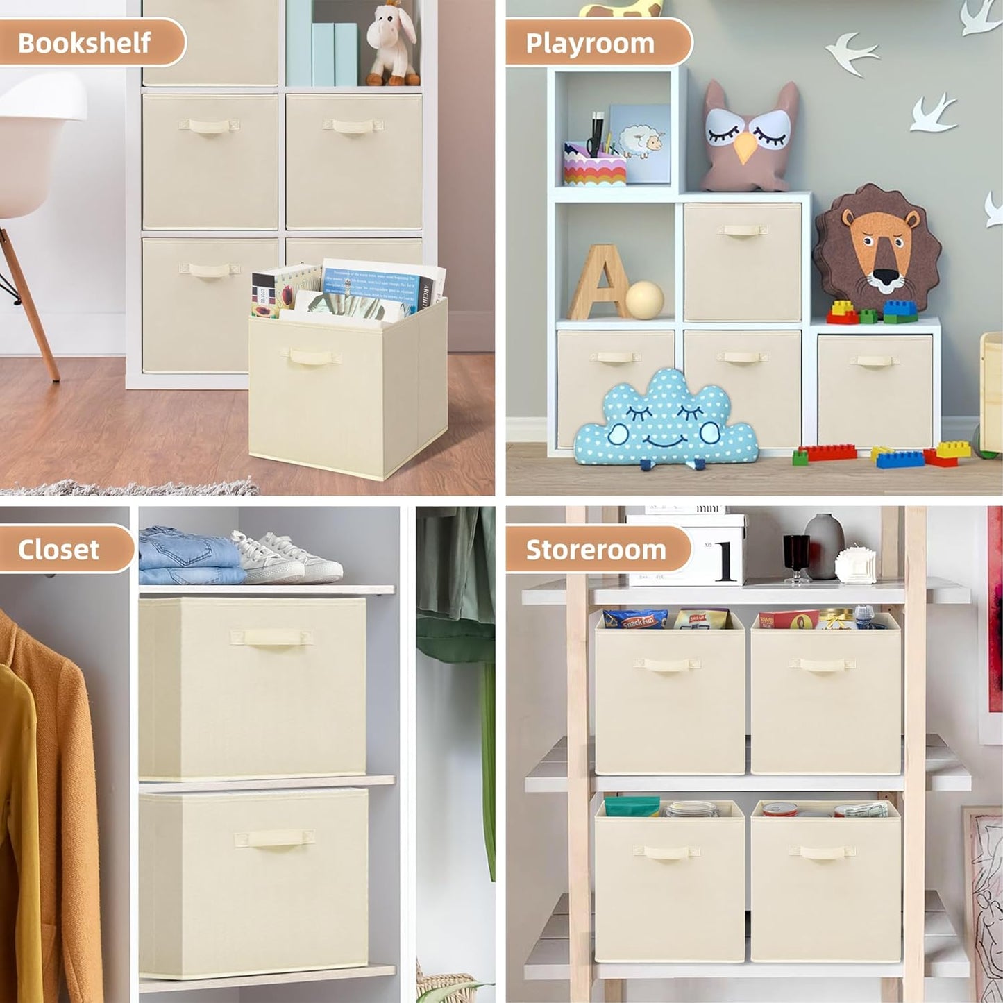 Storage Maniac Collapsible Storage Cubes - 13 Inch Fabric Bins with Handles | 6-Pack Beige for Organized Spaces