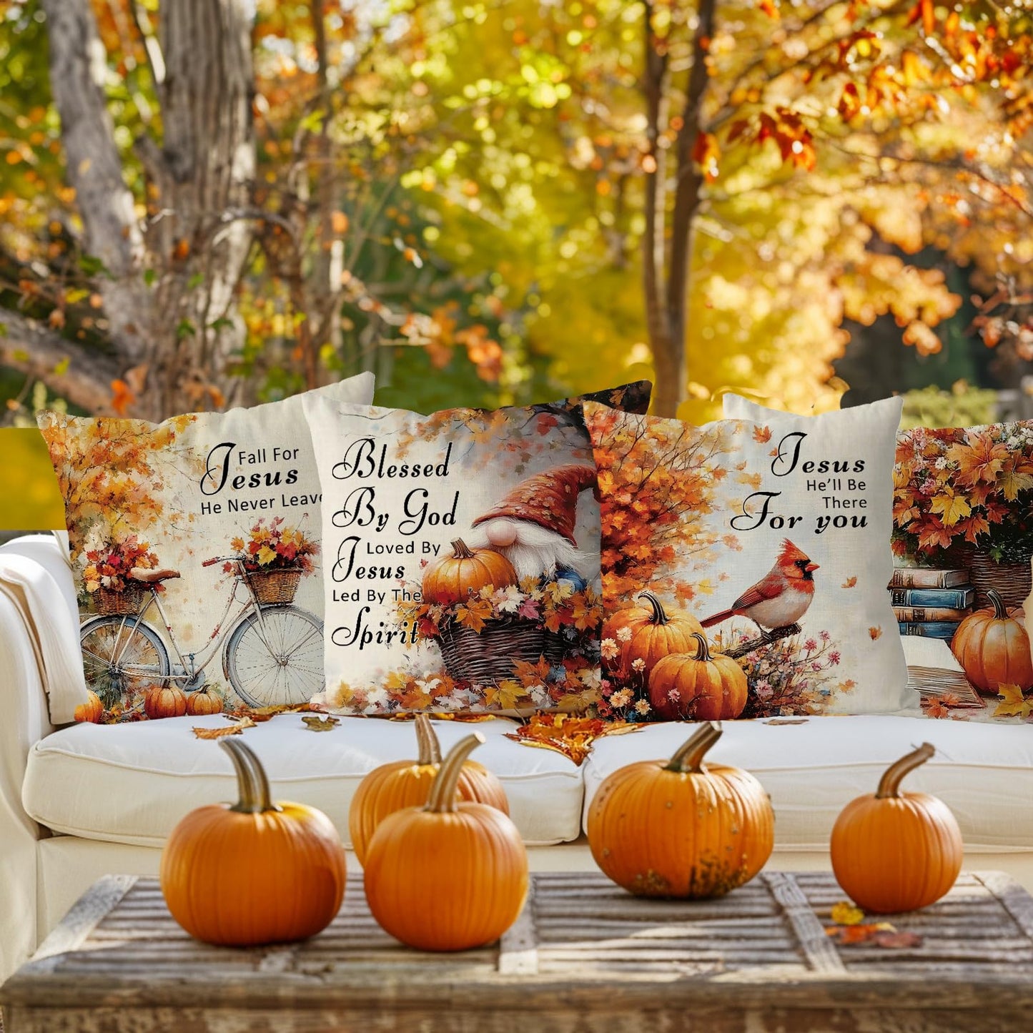 QIONG MENG Fall Pillow Covers 18x18 Inch Set of 4 Christian Jesus Religious Throw Pillowcase Catholic Spiritual Cardinal Decorative Cushion Case Autumn Harvest Soft Home Farmhouse Decorations