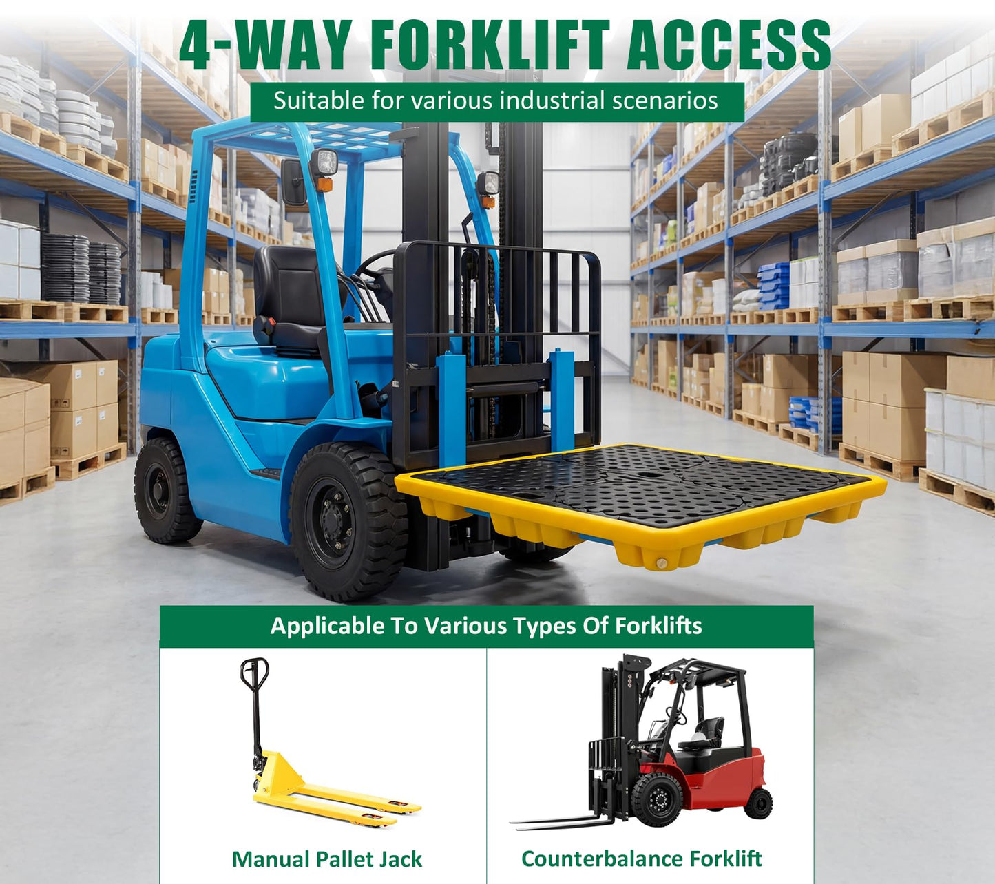 Natotela 4 Drum Large Capacity Spill Containment Pallet Platform with Drain and Forklift Pockets 69 Gallon Sump 51.2x51.2x11.8in 5511 lbs Load Spill Pallet LDPE Containment Tray for Industrial Storage