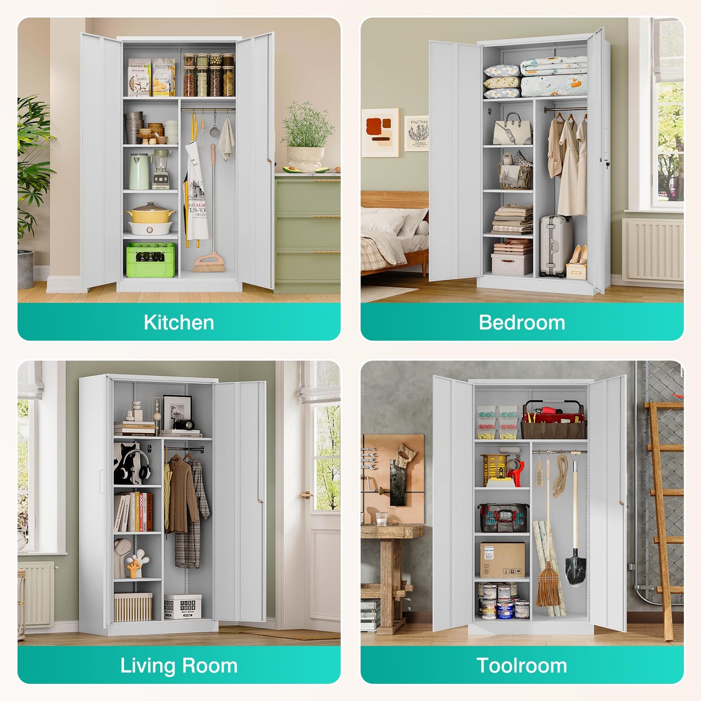 Wide & Deep Metal Storage Cabinet with Hanging Rod,White Broom Closet Storage Cabinet with Lock,72" Tall Wardrobe Cabinets with Doors and Shelves,Locking Steel Tool Cabinets for Home,Office,Garage