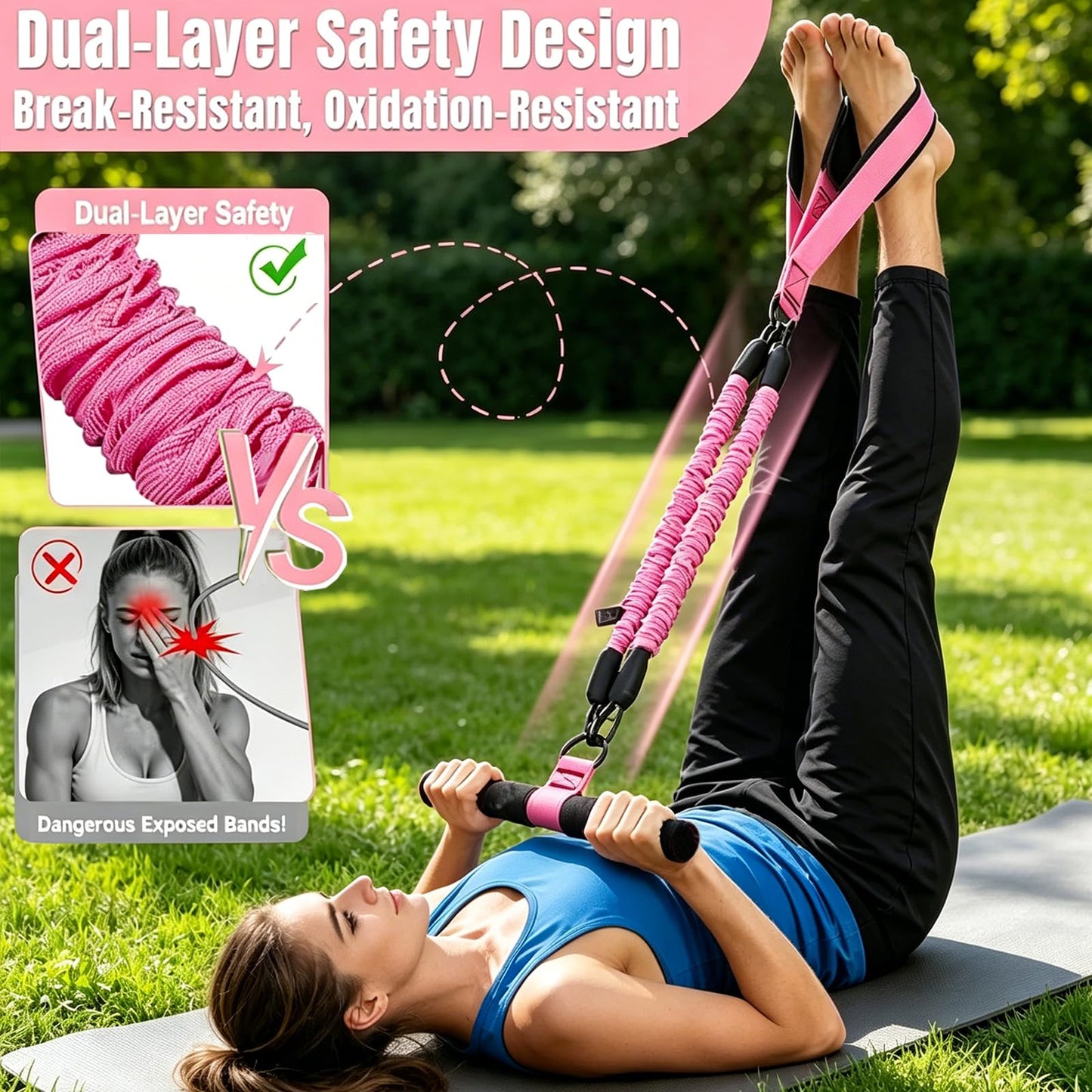 Multifunction Pedal Resistance Band with Handle, 3 Tube Adjustable 30LB Foot Pedal Puller Resistance Bands for Abdomen, Waist,Core/ABS, Arm,Leg,Extended Length Tension Rope for Women Workout Home Gym