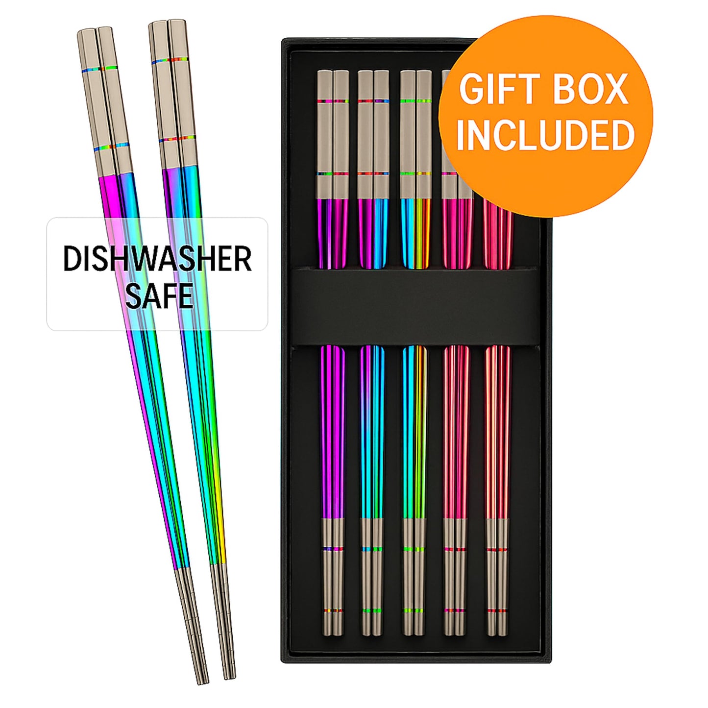 Albino Monkey Reusable Chopsticks - Extra Long 9" - 5 Pairs per Pack - Made of Food-Safe Stainless Steel - Holographic Design - Asian Dining Utensils for Home Kitchen & Restaurants - Nice Giftable Box