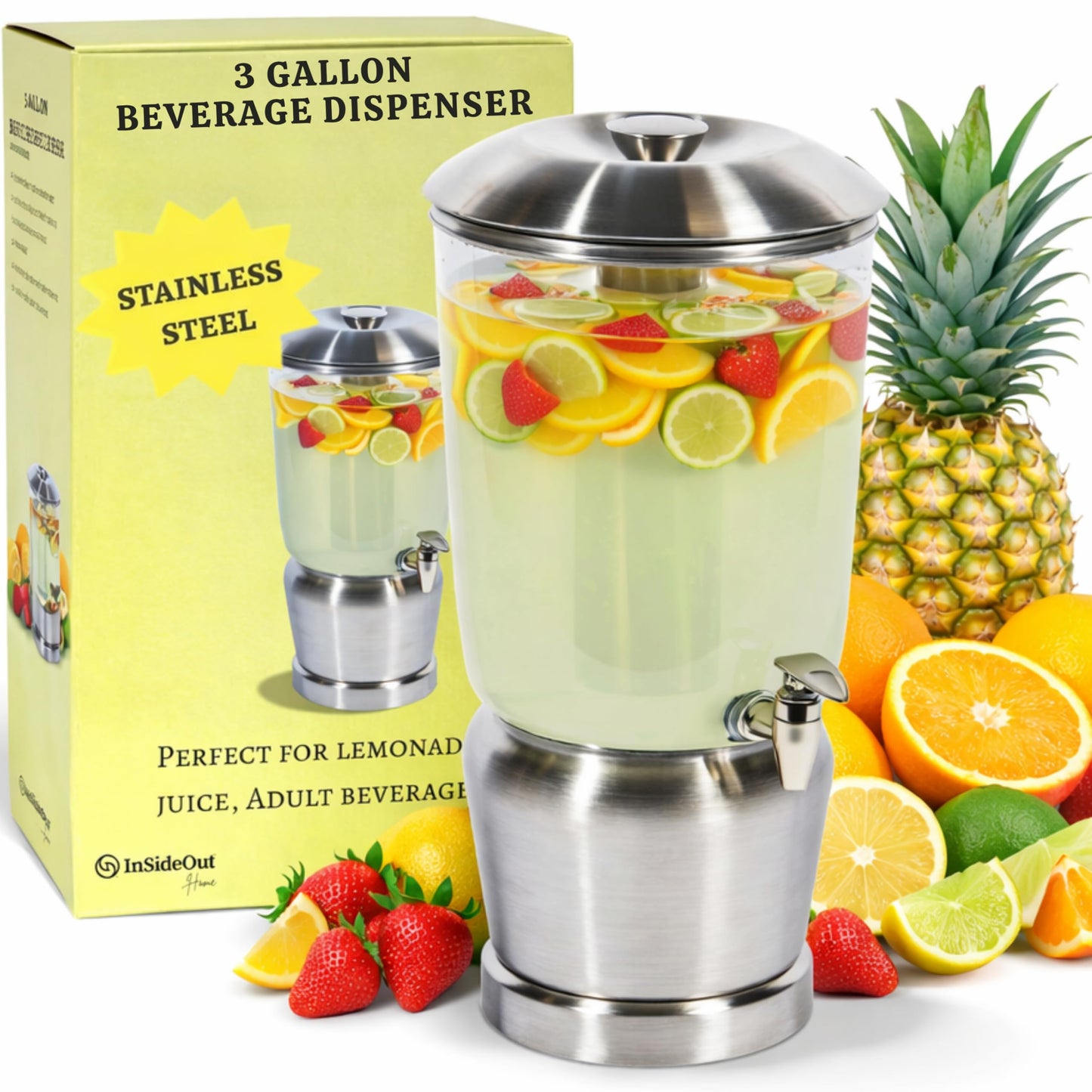 Drink Dispenser with Ice Chambers, Lemonade Tea Water Dispenser with Spigot, Stainless Steel Beverage Jar Jug, Perfect for Home Parties, Weddings, Gifts & Events (Silver, 3, Gallons)