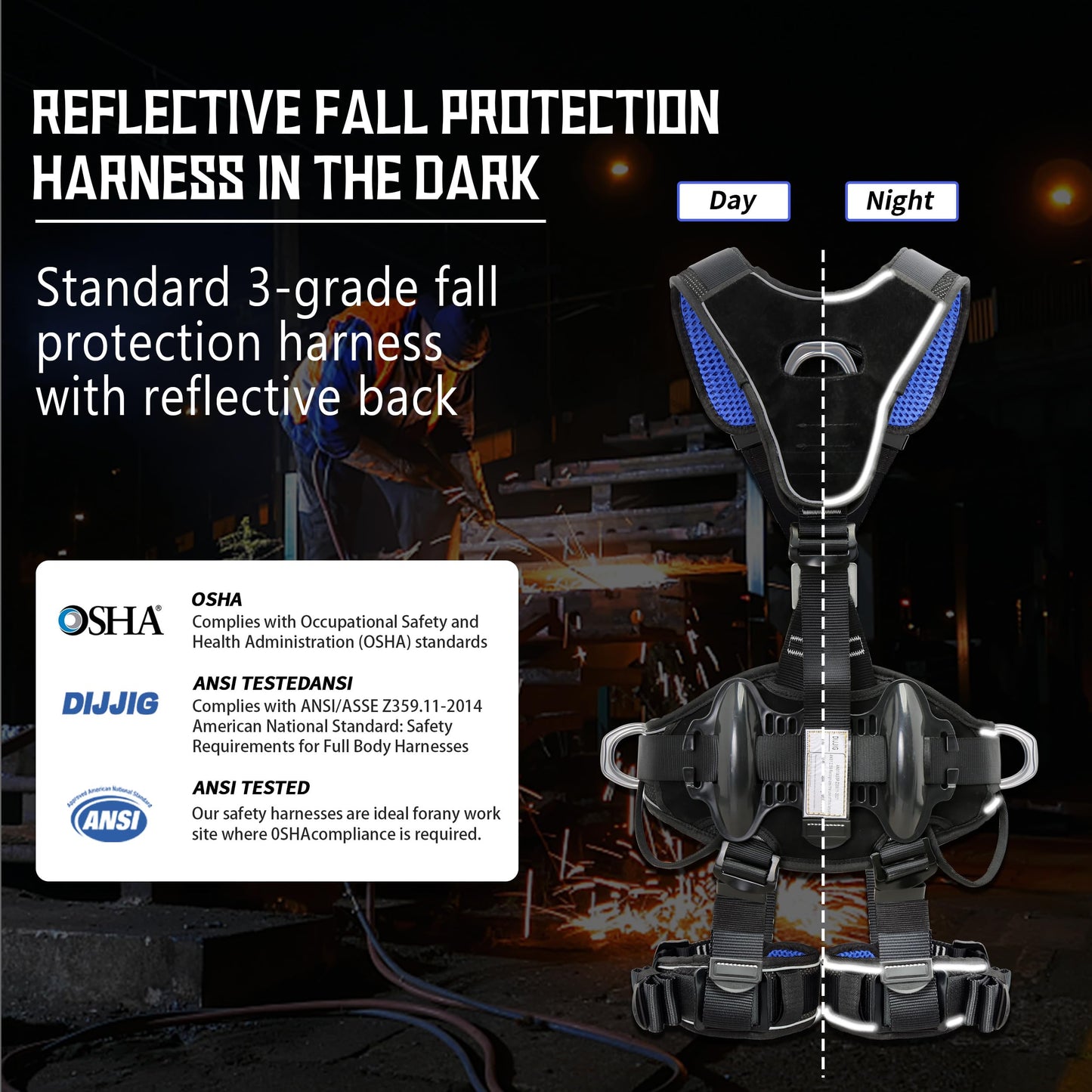 DIJJIG Fall Protection Full Body Safety Harness 5pt Roofing harnesses Aluminum O-Rings 8”Thick Back Support Belt Construction With Reflective Strips OSHA/ANSI Compliant
