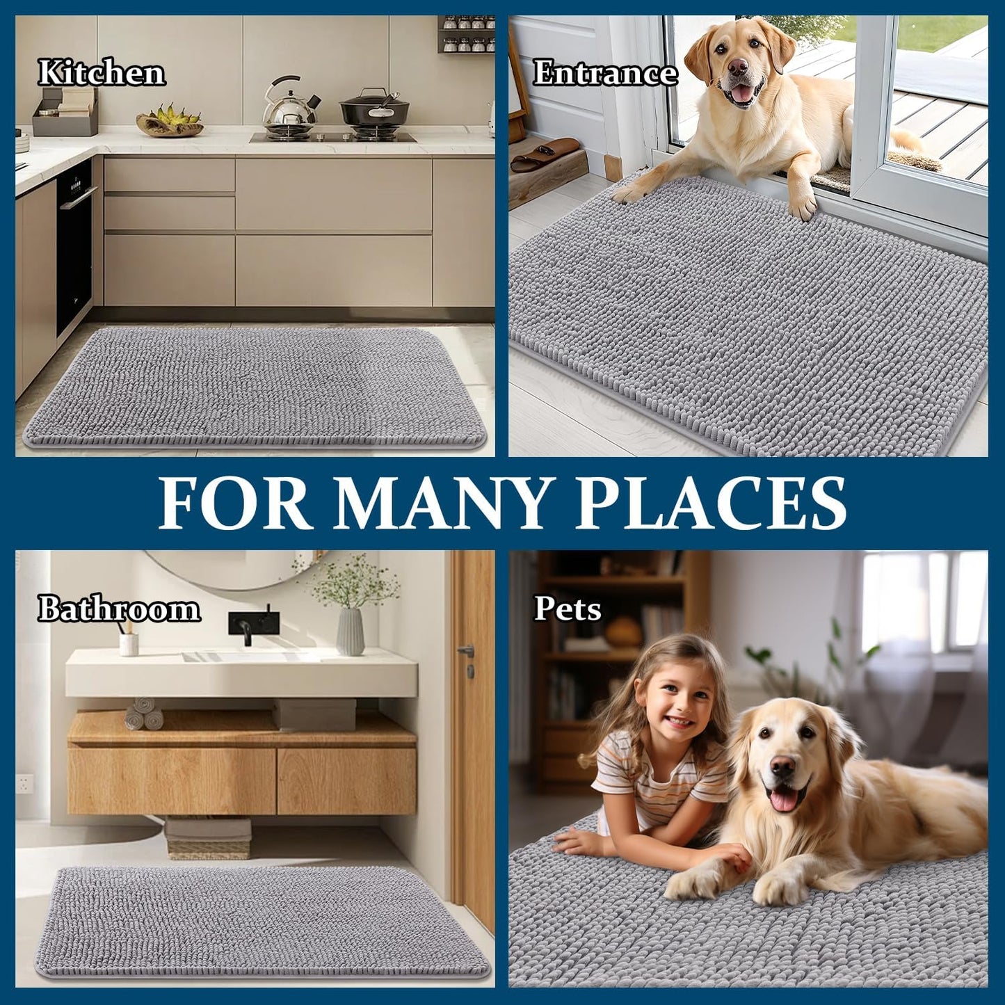 OLANLY Dog Door Mat - Absorbent Non-Slip Mud Mat for Indoor Use | Quick Dry Chenille, 24x16, Light Grey