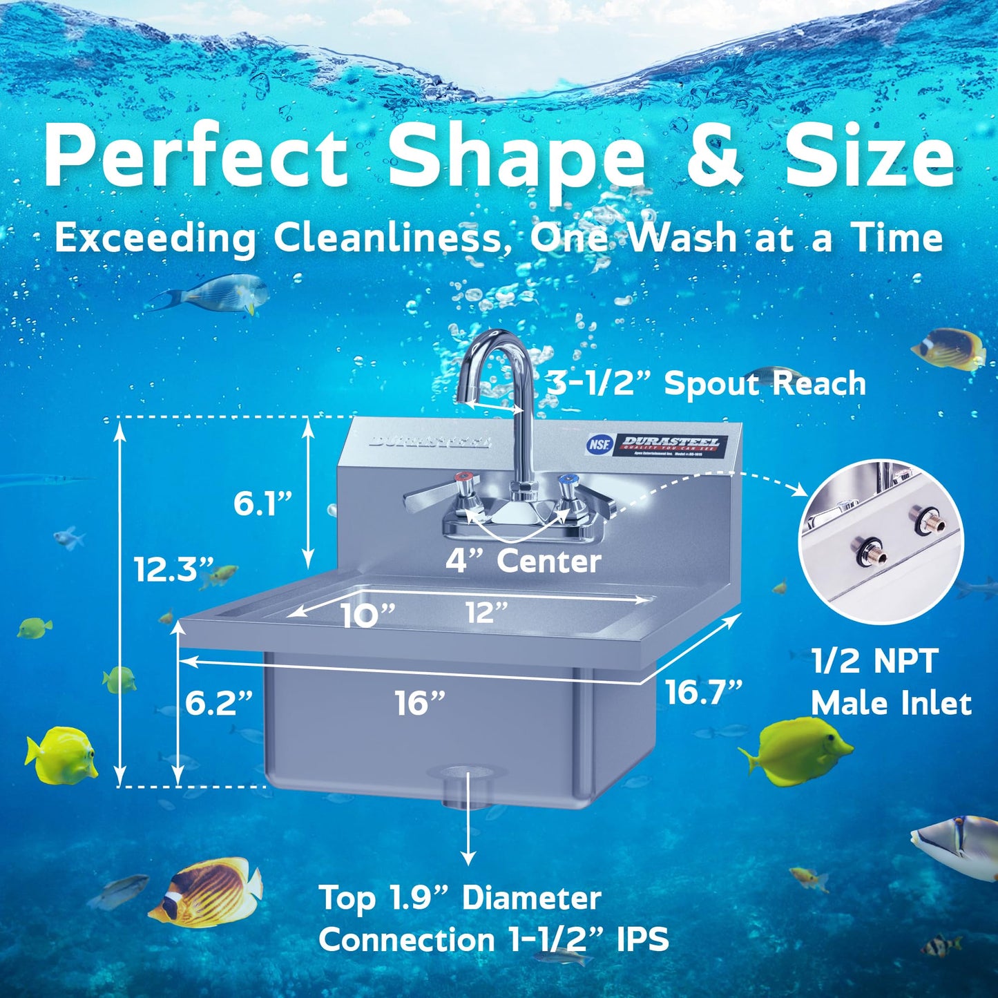 DuraSteel Stainless Steel Sink - NSF Commercial Wall Mount Kitchen Sink - Small Hand Sink with 12" x 10" x 5.5"D Wash Basin - With Sink Strainer and Faucet - For Laundry, Restaurants, Bars, and More