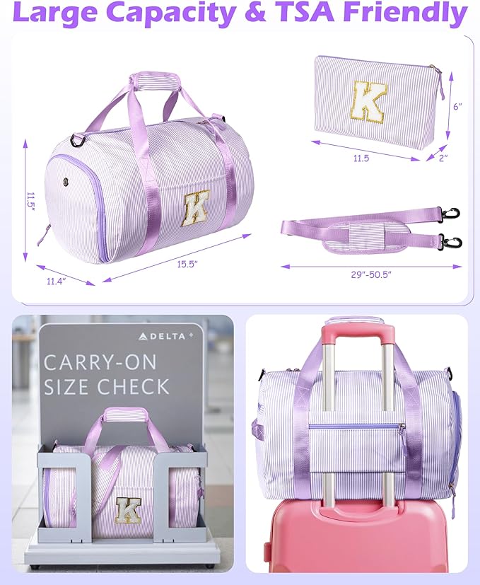 Gifts for Niece, Girl Gym Bag, Kids Initial Overnight Duffel Bags with Shoe Compartment, Personalized Dance Bag with Makeup Pouch, Birthday Gift for Sister Granddaughter (Letter K)