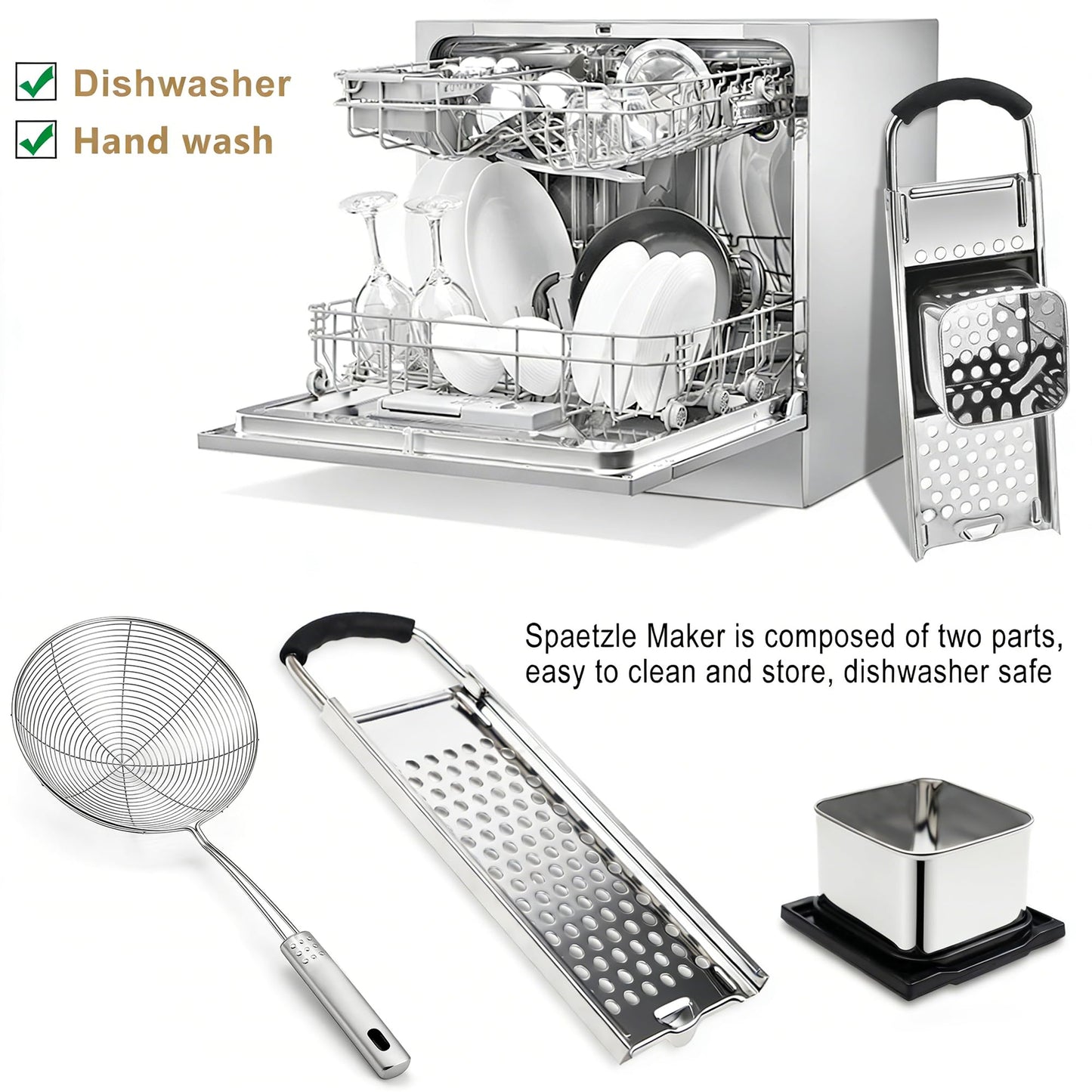 Spaetzle Maker, METLUCK Stainless Steel Spaetzle Press with Strainer Skimmer, Premium German Spaetzle Maker with Comfort Handle, Traditional Egg Noodle Dumpling Maker Tool for Home Cooking