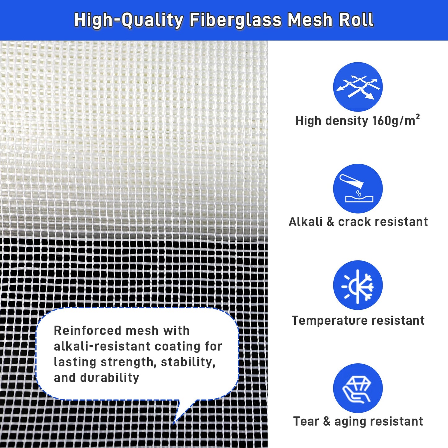 Fiberglass Mesh Roll 3.2x164 FT Plastering Mesh for Wall Crack Repair, Alkaline Resistant & Non-Adhesive 160g/m² Fibreglass Reinforcing Mesh Net for Plastering Interior Exterior Building Insulation