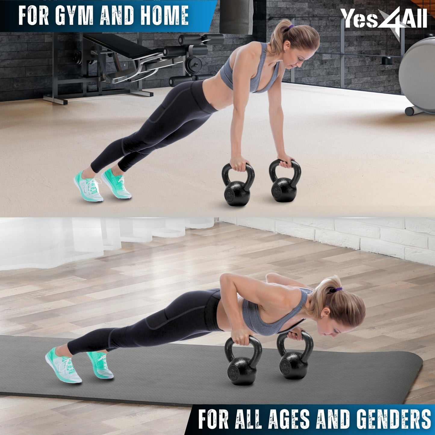 Yes4All Kettlebell Sets - 5, 10, 15 & 20 LB Cast Iron Strength Training Kettlebells, Wide Handles & Flat Bottom for Push Ups, Swings, Squats & Full Body Workout at Home or Gym