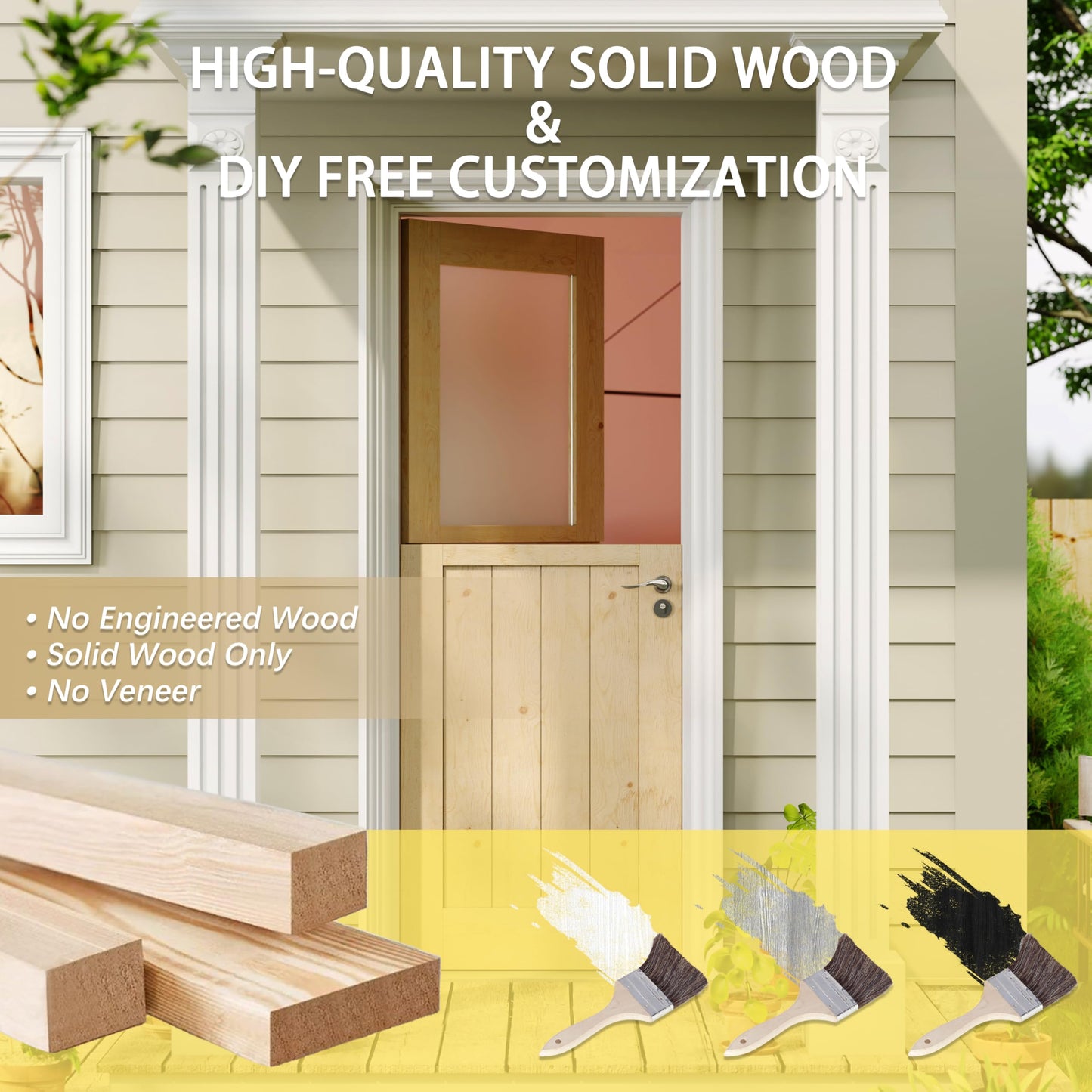 Lakenyon Exterior Prehung Dutch Door, 32" x 80" Left-Handed Front Door, 1 Lite Tempered Frosted Glass Split Single Doors, Solid Core Home Door, Natural Pine Wood - with 4 Black Hinges with Jamb