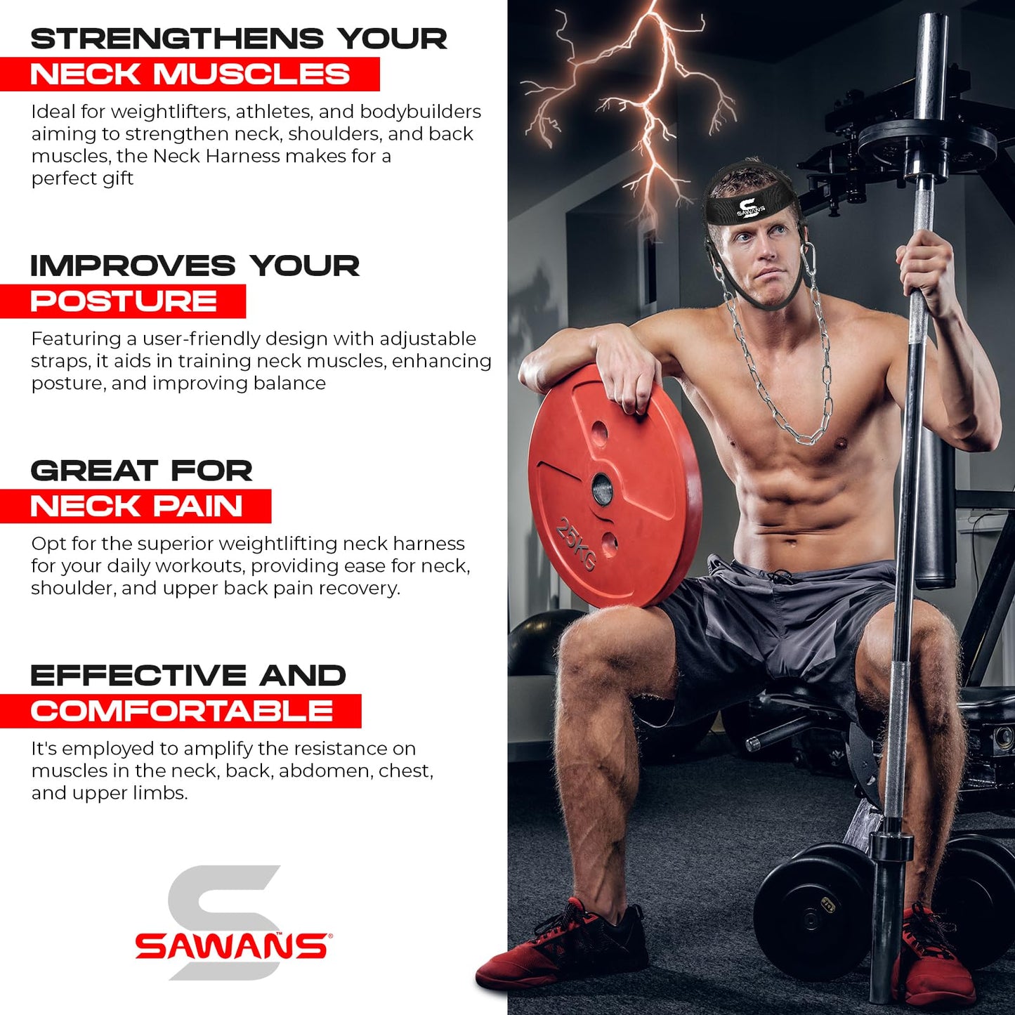 SAWANS Neck Trainer Harness for Weight Sports - Neck Stretcher & Head Trainer - Adjustable, Black