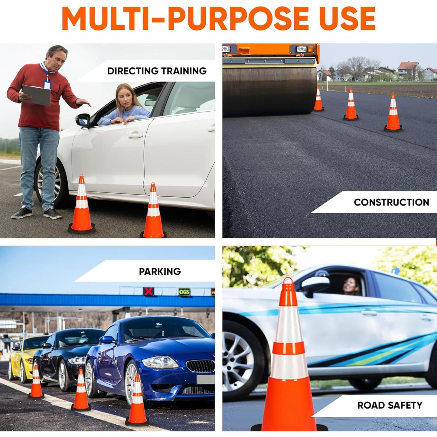 Pyle 28" PVC Traffic Cones, 8-Pack Safety Cones for Parking, Construction, Roadwork, & Sports Training, High-Visibility Orange, Durable, Stackable Design, Heavy-Duty Base for Stability in All Weather