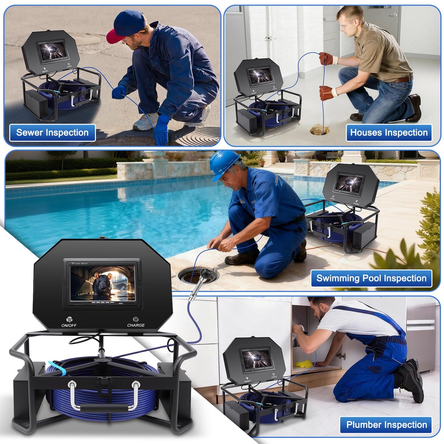 7" Sewer Camera w/DVR Function,HD 1080P Screen Plumbing Drain Pipe Inspection Cam, Industrial Borescope Camera w/light,4x Zoom,IP68 Waterproof, 32GB Card, for Sewer Line, Home,Duct Drain Pipe Plumbing
