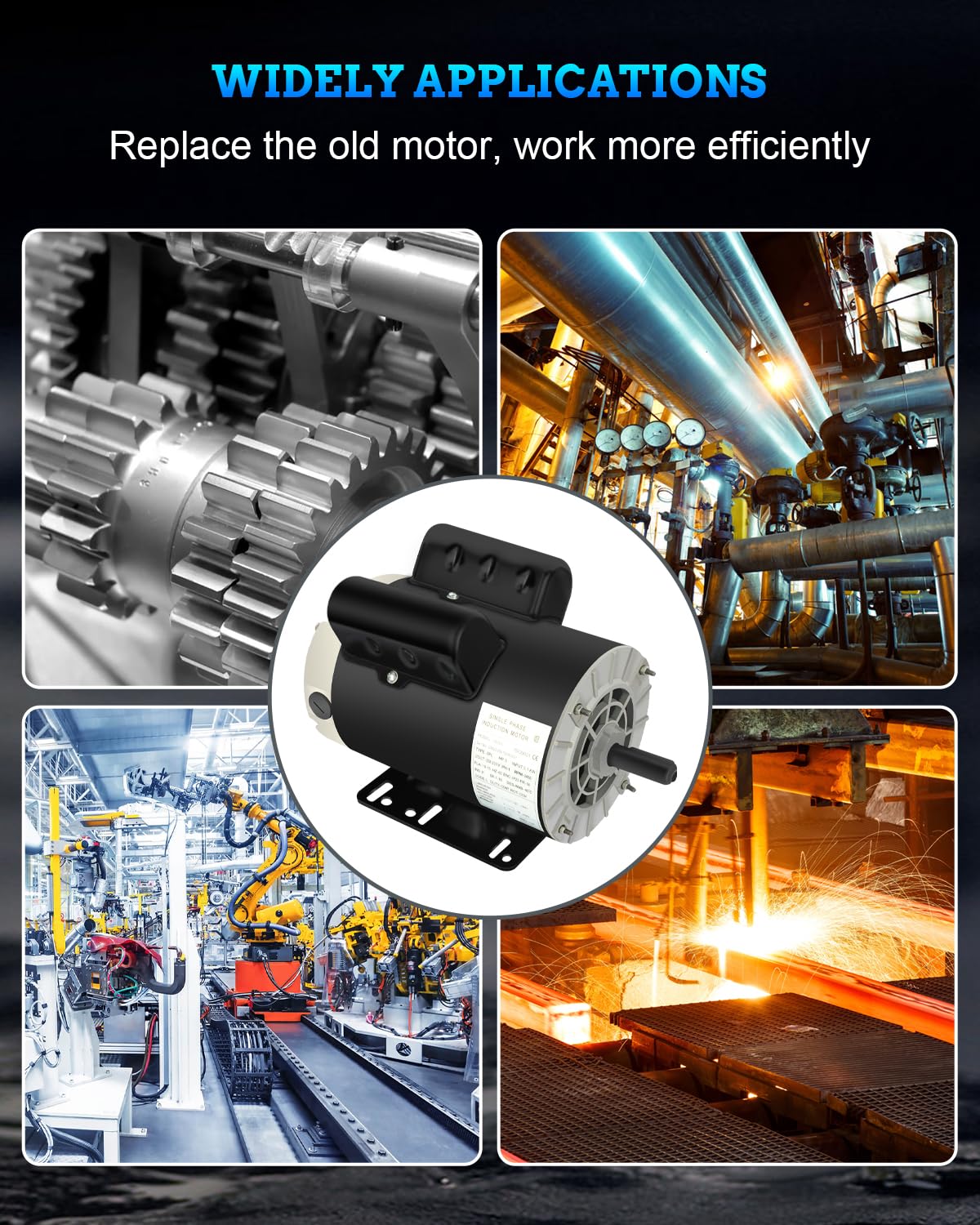 Air Compressor Motor, 5 HP SPL Single Phase Electric Motor 3450RPM 56 Frame 208-230V 5/8" Shaft Diameter ODP CCW Rolled Steel Shell