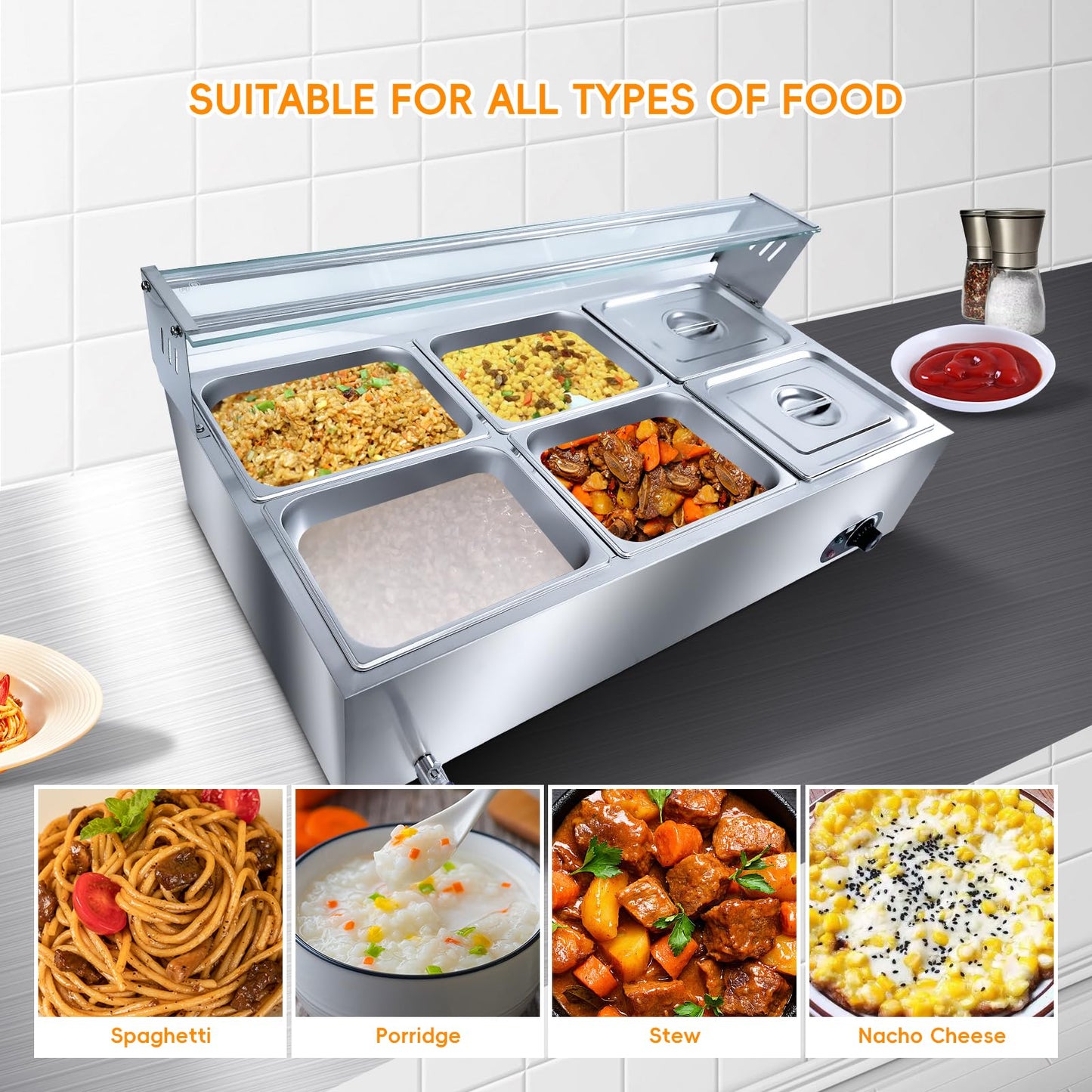 6-Pan Commercial Food Warmer, 72 Qt Electric Steam Table, Stainless Steel Bain Marie with Tempered Glass Cover, 1500W Countertop Food Warmer 86-185°F Temp Control for Catering, Restaurant, Silver